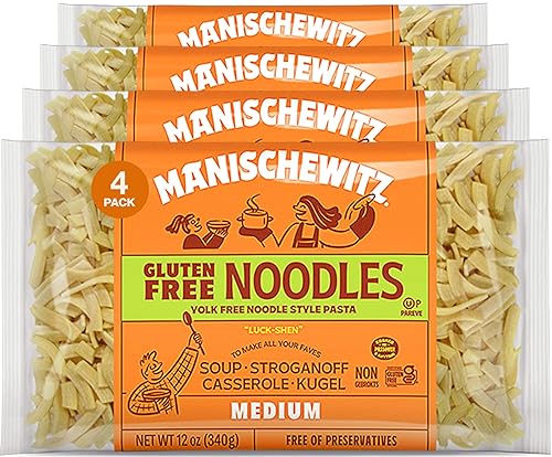 Manischewitz Gluten Free Egg Noodles | Medium | Yolk Free |12-Ounce (Pack of 4) | Certified Kosher (Including Passover)