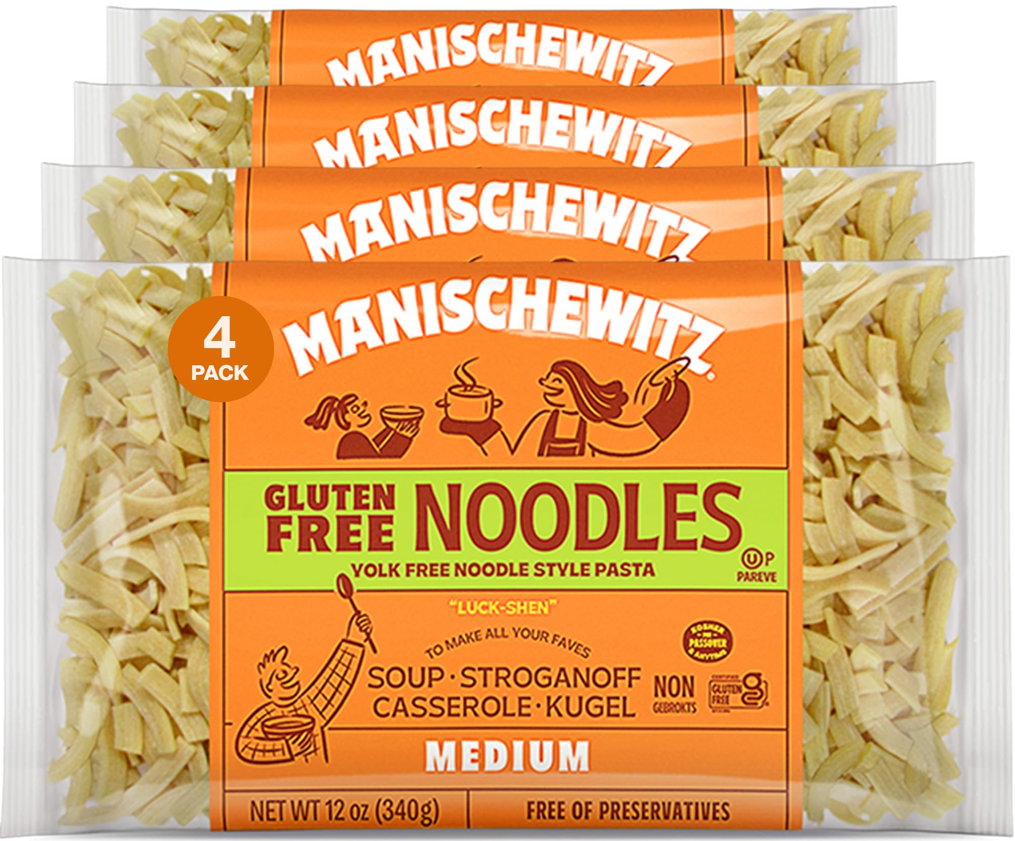 Manischewitz Gluten Free Egg Noodles | Medium | Yolk Free |12-Ounce (Pack of 4) | Certified Kosher (Including Passover)
