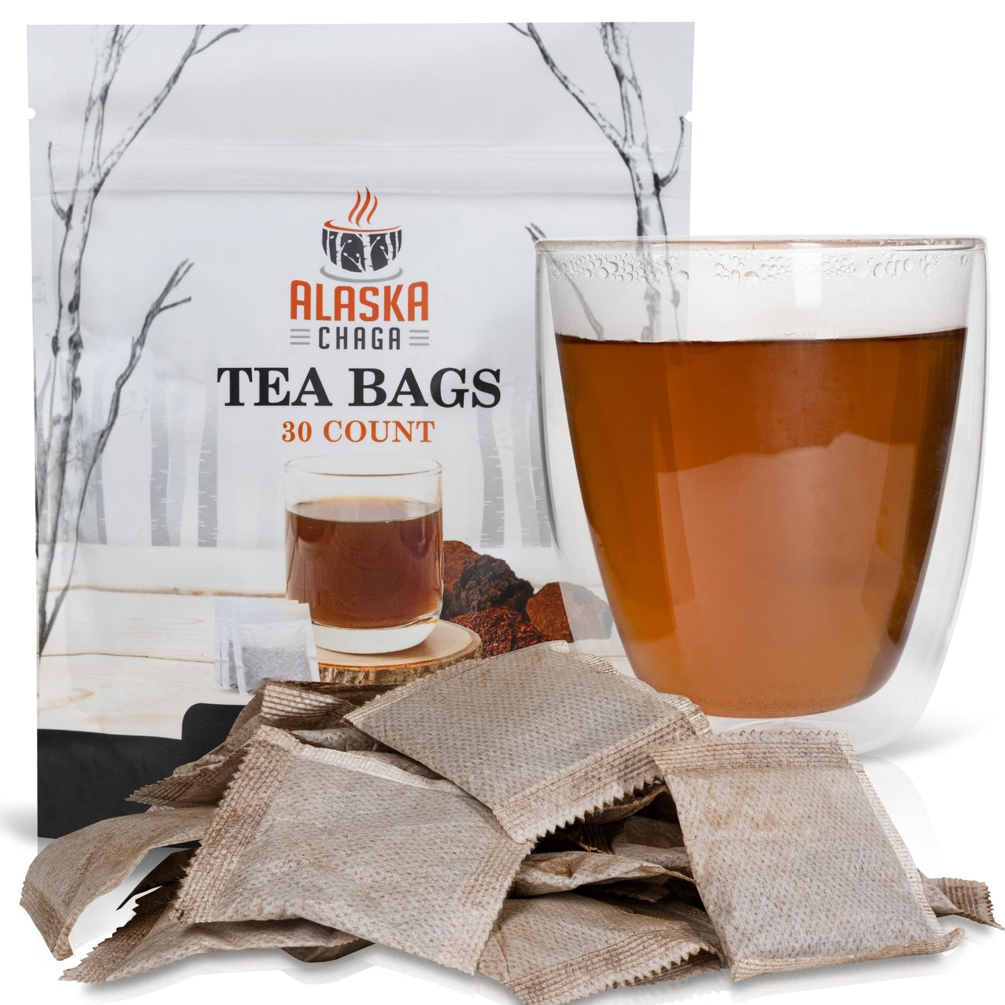 Alaska Chaga Tea - 30 Bleach Free Tea Bags - Organic, Wild Harvested, Caffeine-Free - Supports Immune System (30)
