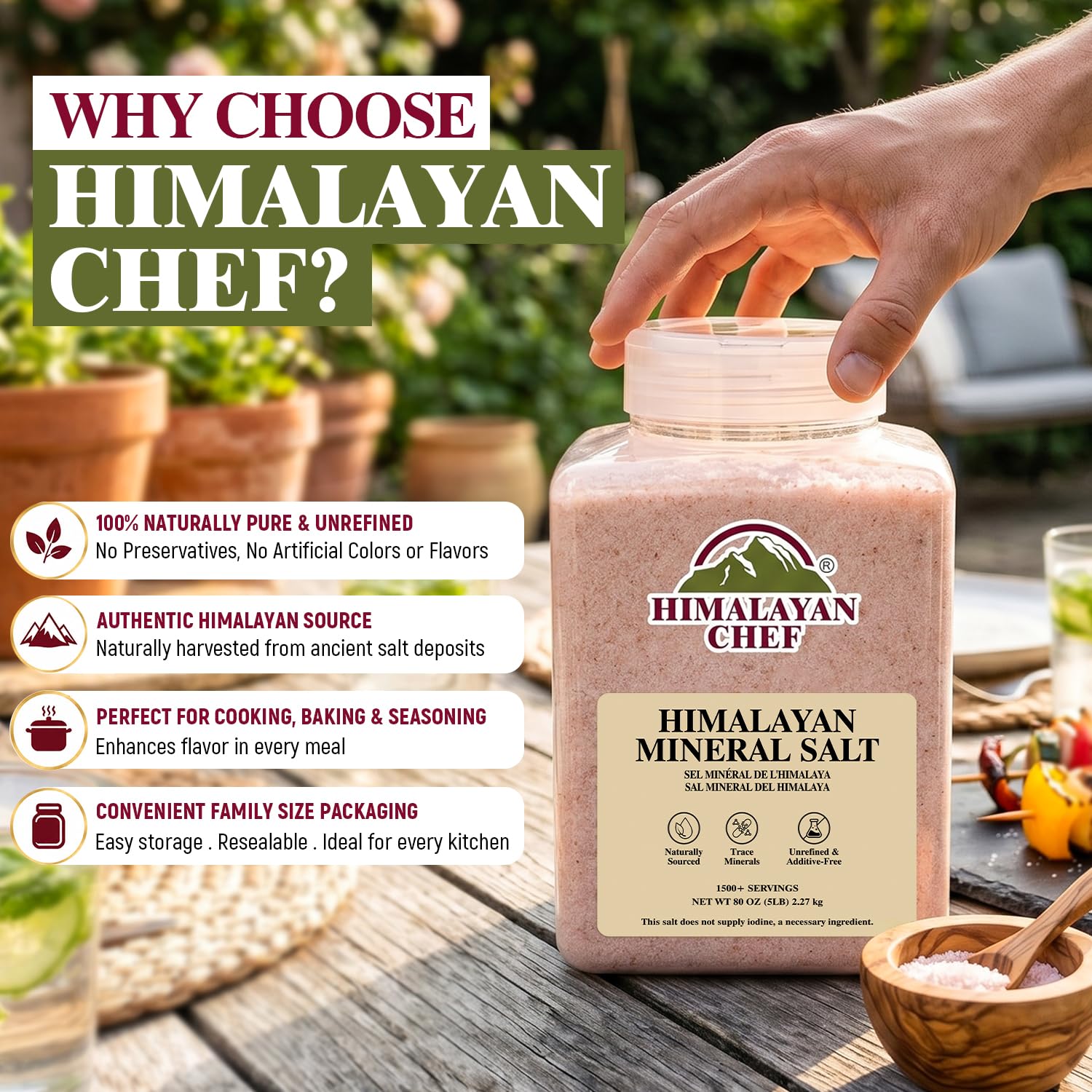 Himalayan Chef Mineral Salt, 5 lbs Plastic Jar - Natural Food Grade Salt for Cooking, Fine Grain, Bulk Kitchen Salt for Daily Use