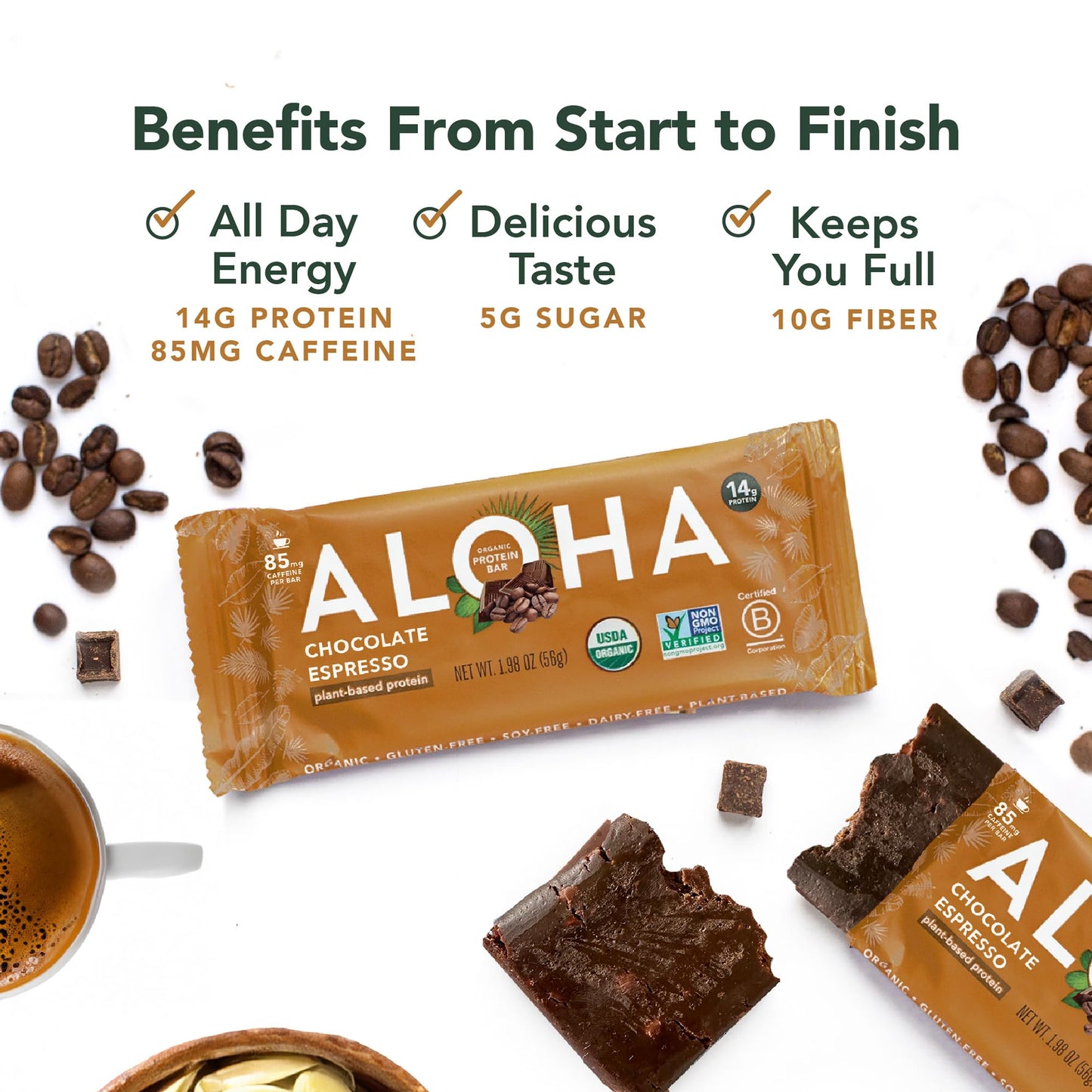 ALOHA Organic Plant Based Protein Bars - Chocolate Espresso (85mg Caffeine) - 12 Bars, Vegan, Low Sugar, Gluten-Free, Paleo, Low Carb, Non-GMO, No