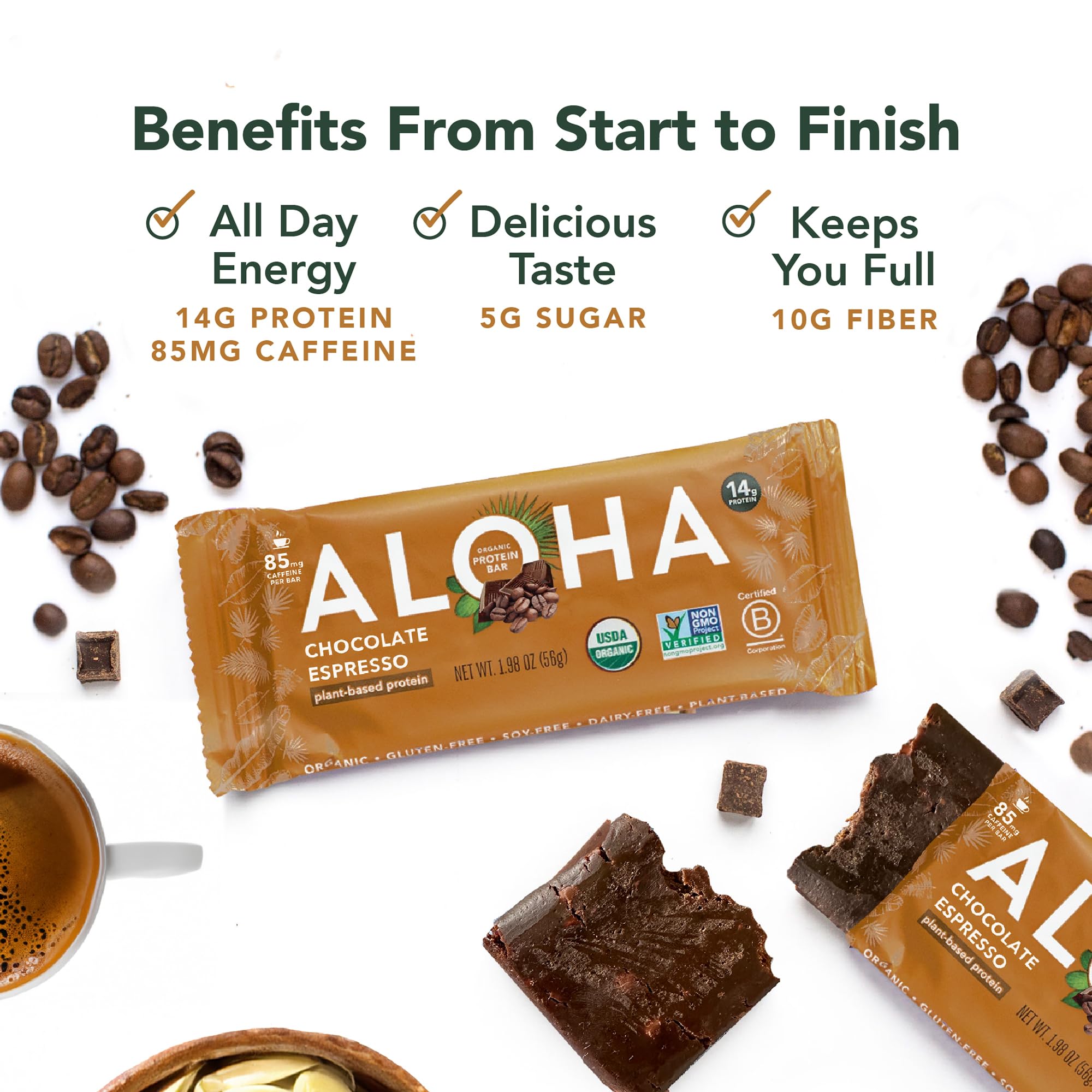 ALOHA Organic Plant Based Protein Bars - Chocolate Espresso (85mg Caffeine) - 12 Bars, Vegan, Low Sugar, Gluten-Free, Paleo, Low Carb, Non-GMO, No