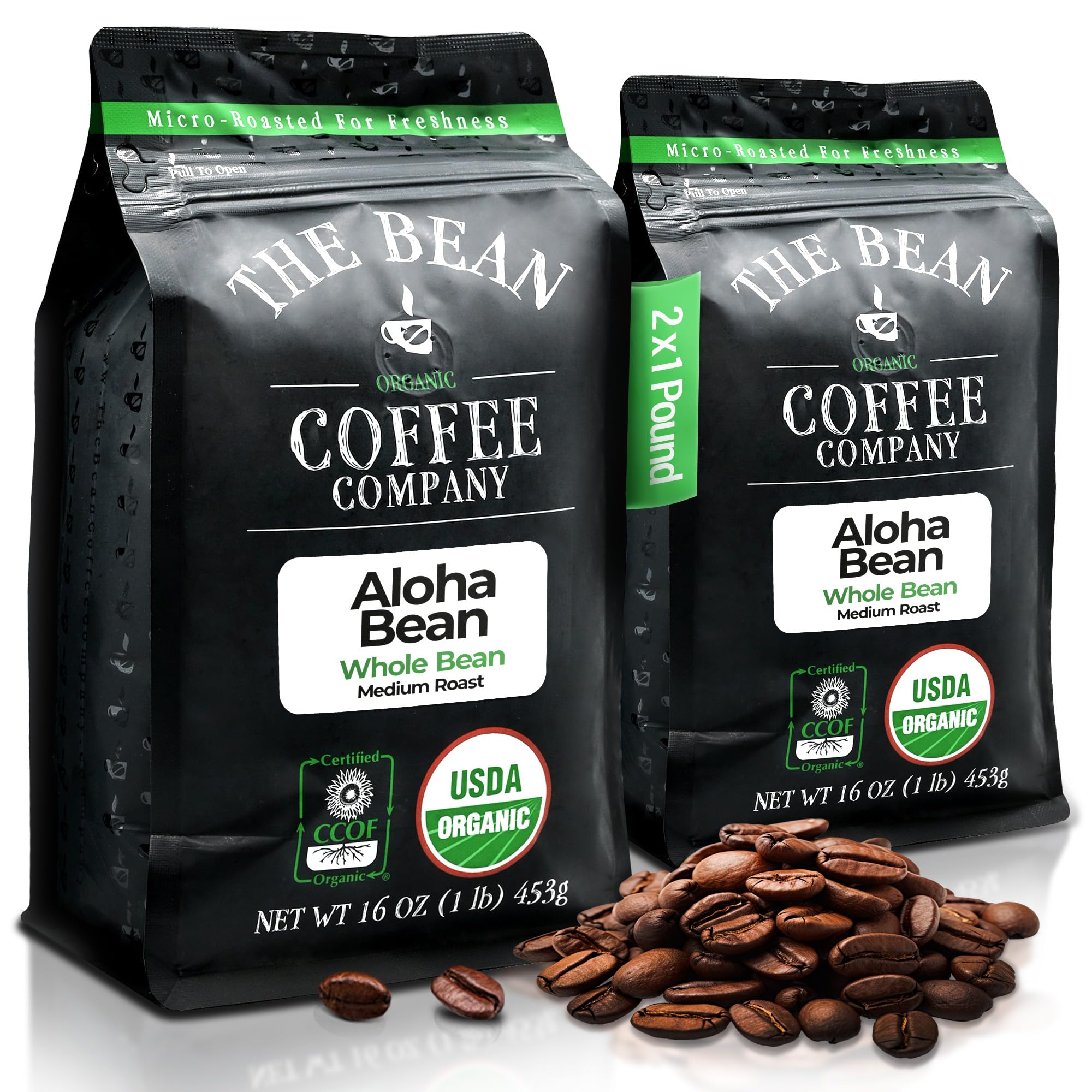 The Bean Organic Coffee Company Aloha Bean (Hawaiian Hazelnut), Medium Roast, Whole Bean Coffee, 16-Ounce Bags (Pack of 2)