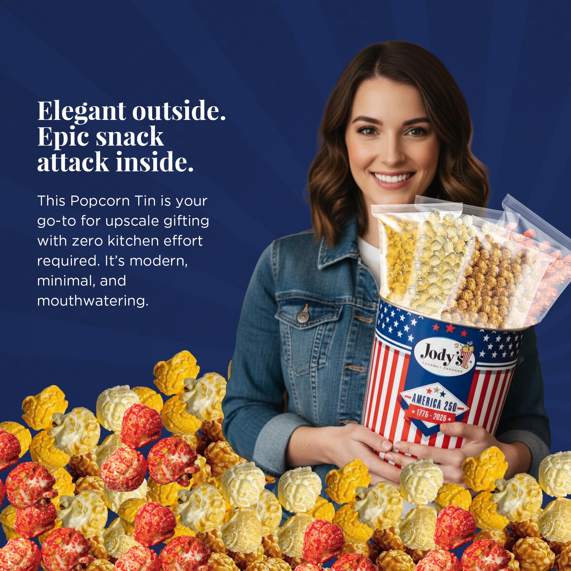 Jody's Gourmet Popcorn Red White & Blue Stripes Tin - 4th of July Popcorn Variety With Caramel Corn, Patriotic Kettle Corn, Double Cheddar, Sea Salt