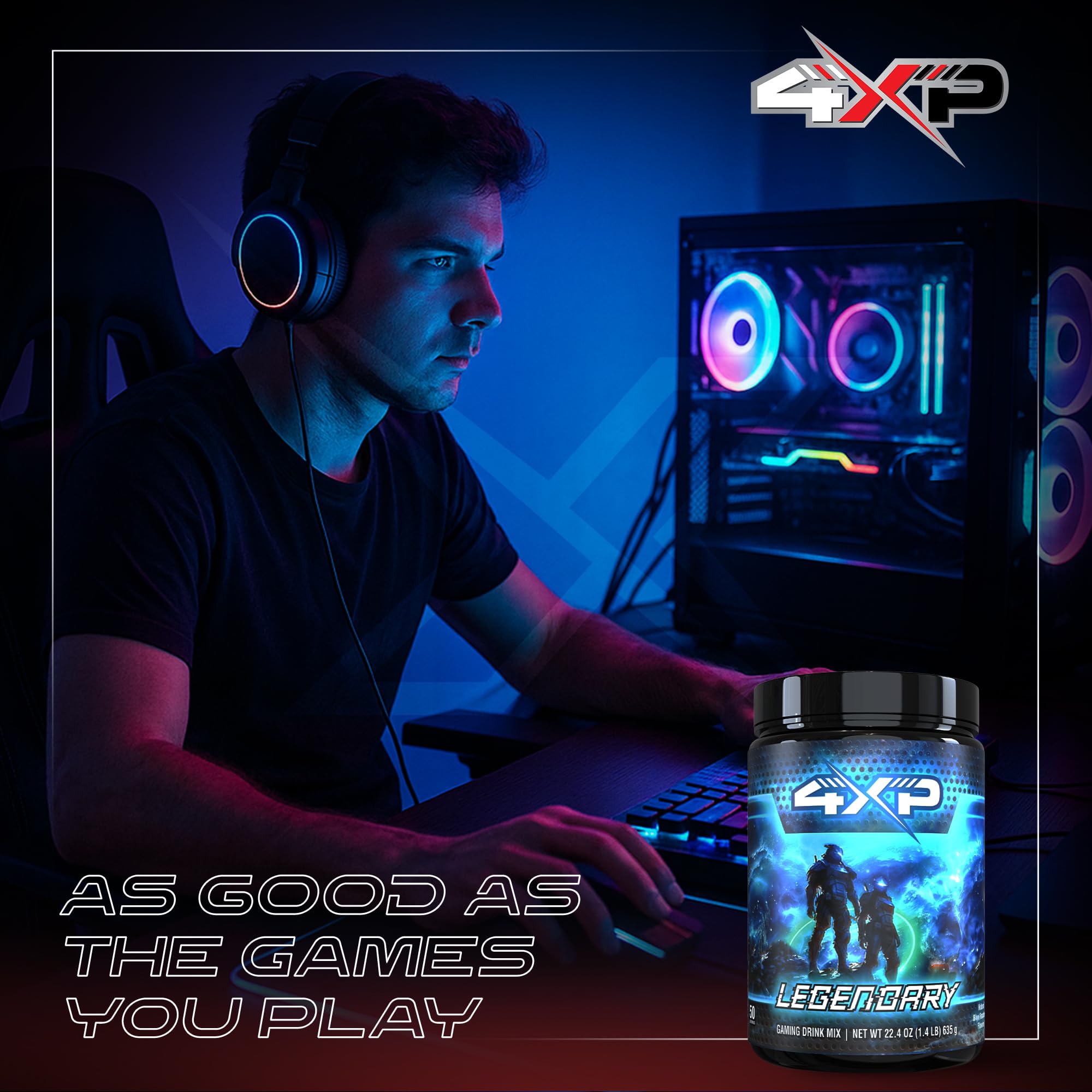 4XP Legendary Blue Raspberry Gaming Energy Drink Mix| Low-Cafeine Nootropic Powder with B Vitamins & Bold Blue Raspberry Flavor for Gamers |