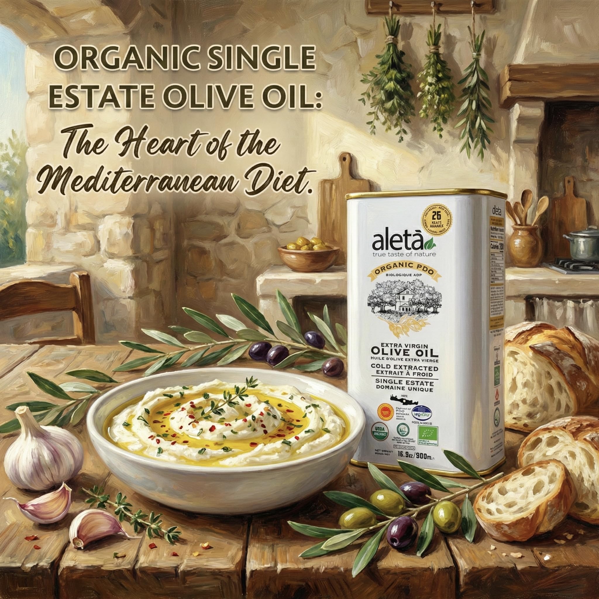 Aleta, Organic & PDO Extra Virgin Olive Oil, 2025 Gold Award, Certified Single Estate, Crete Greece, First-Cold Press, 1 Lt (33.8 oz.) Tin, Pack of 2