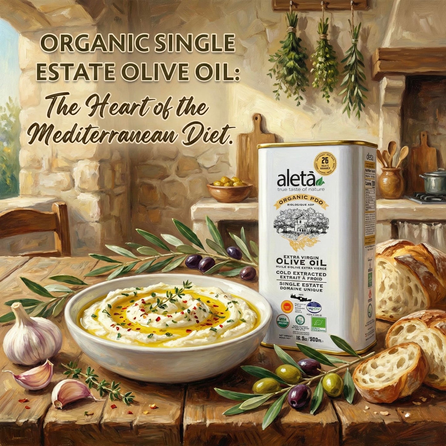 Aleta, USDA Organic Greek Extra Virgin Olive Oil, EU Certified Single Estate PDO Greece, 1 Lt (33.8 oz.) Tin, Kosher EK, Pack of 1