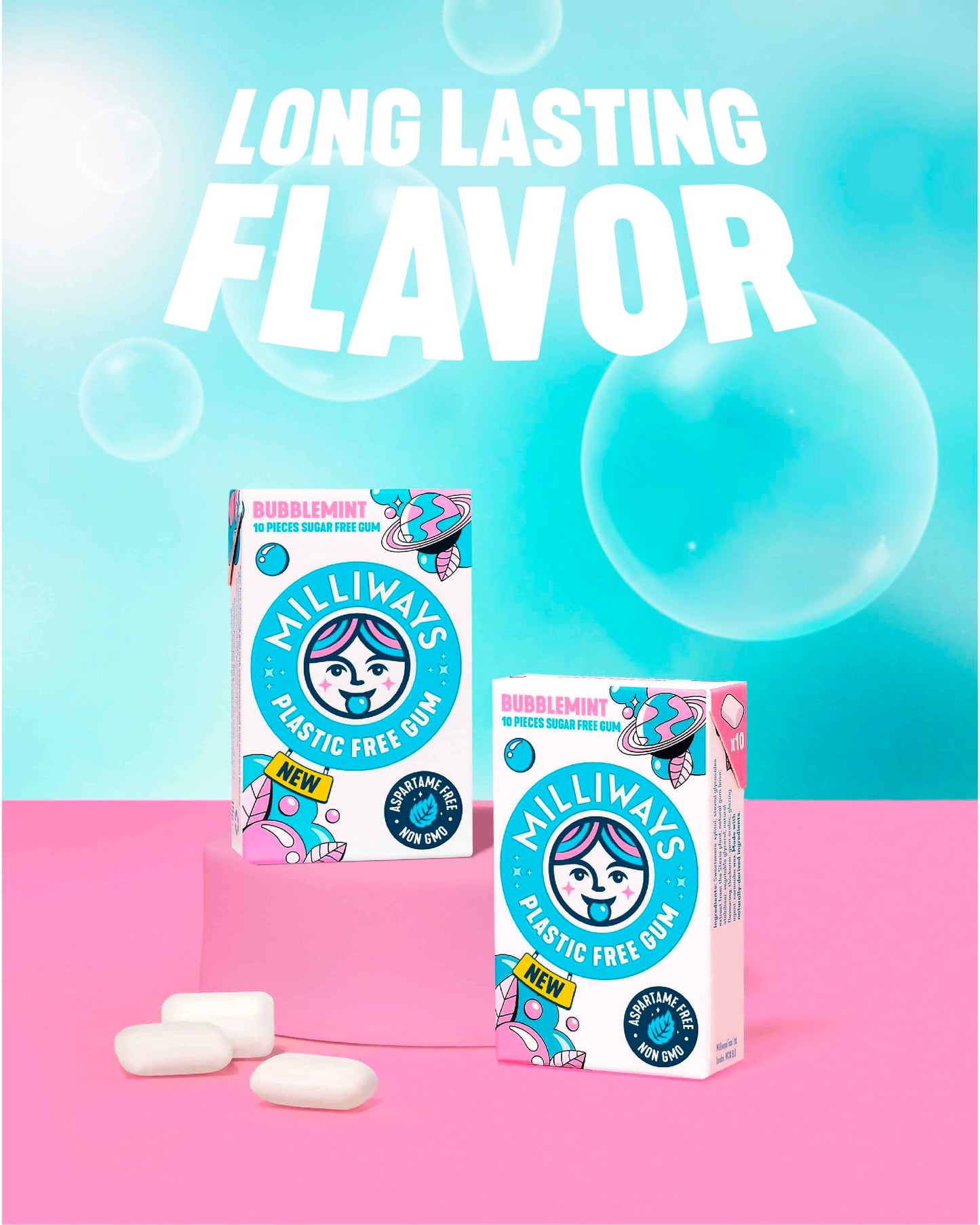 Milliways Bubblemint | Plastic Free Gum | Xylitol, Aspartame-Free, Sugar-Free, Plant-Based, Natural Chewing Gum | 120 Pieces Total (12 Packs of 10