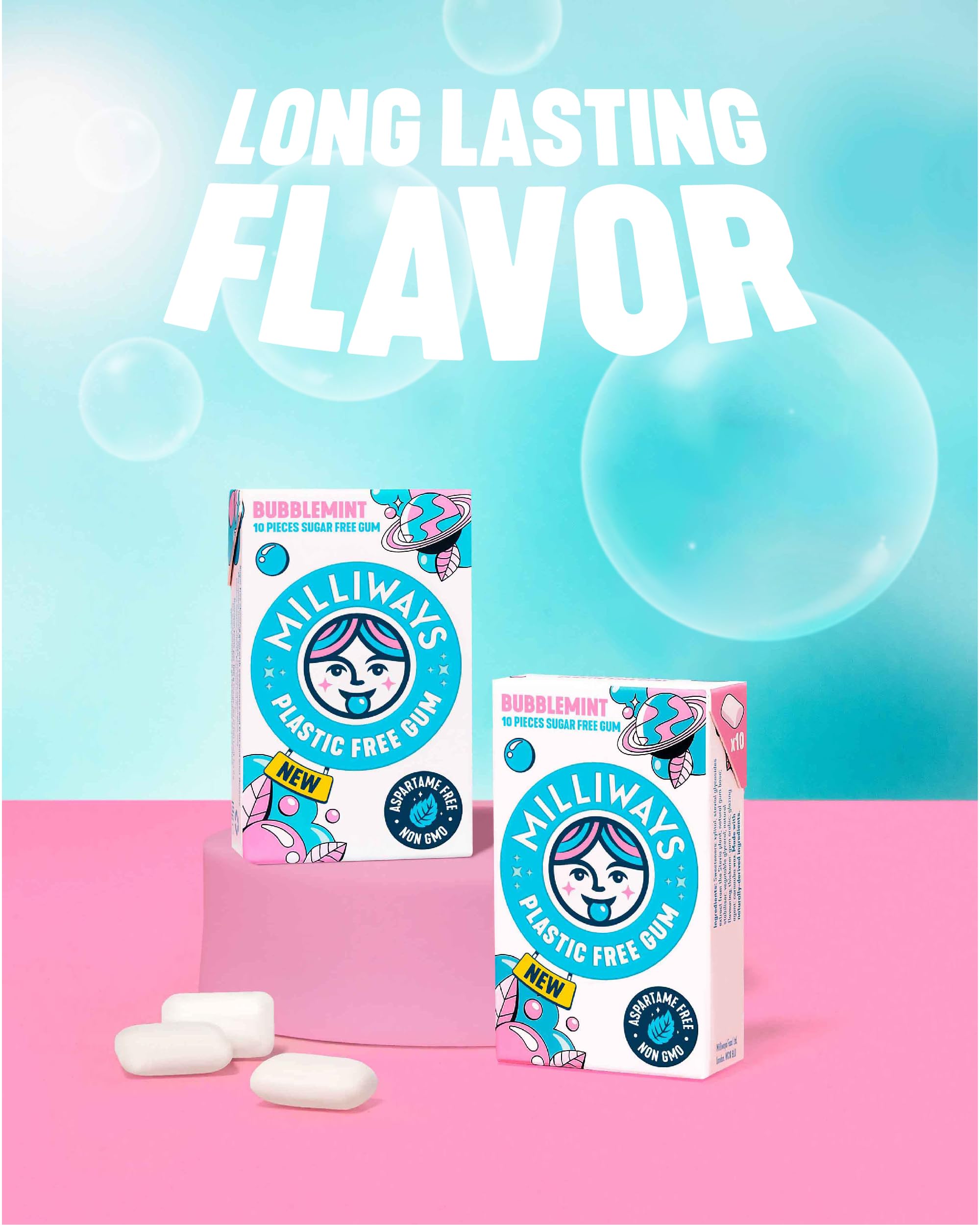 Milliways Bubblemint | Plastic Free Gum | Xylitol, Aspartame-Free, Sugar-Free, Plant-Based, Natural Chewing Gum | 120 Pieces Total (12 Packs of 10