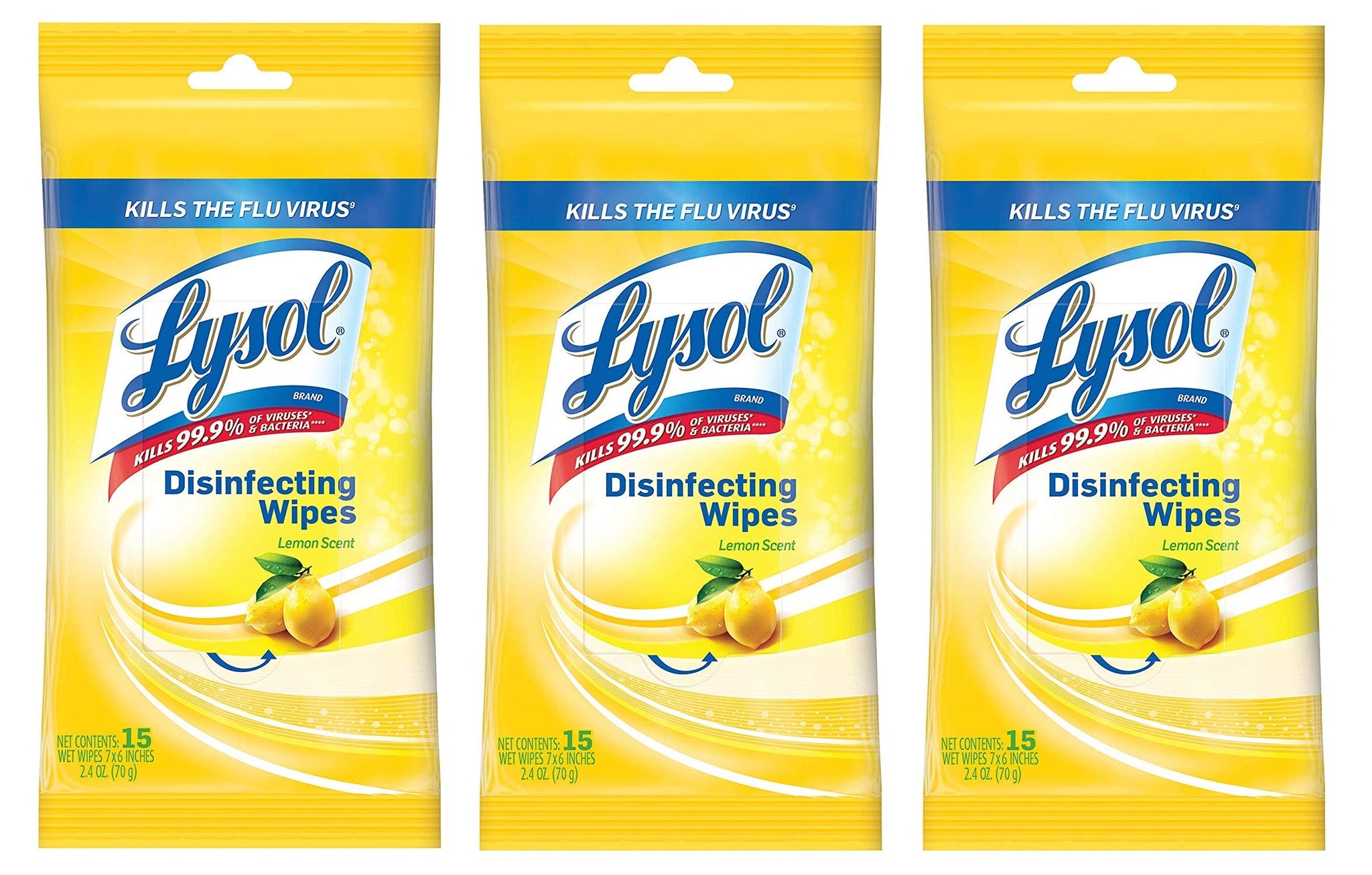 Lysol Disinfecting Wipes To-Go Pack, Lemon Scent, 15 Count (Pack of 3)