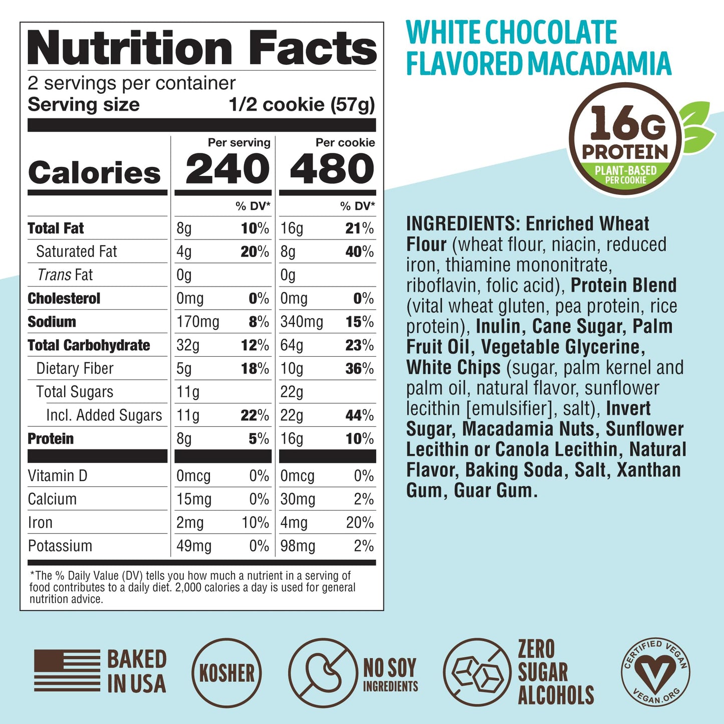 Lenny & Larry's Protein Cookie, [White Chocolate Flavored Macadamia], Chewy Soft Baked, 16g Plant Protein, Vegan, Non-GMO, High Fiber, 4 Ounce Cookie