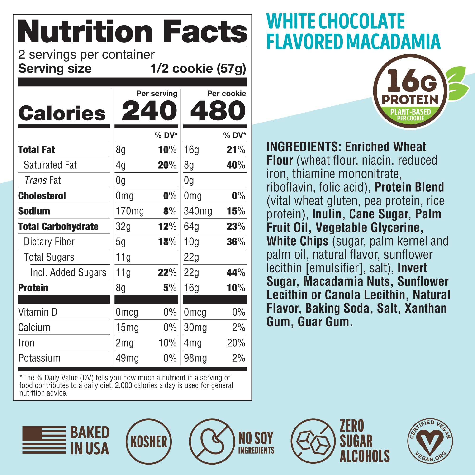 Lenny & Larry's Protein Cookie, [White Chocolate Flavored Macadamia], Chewy Soft Baked, 16g Plant Protein, Vegan, Non-GMO, High Fiber, 4 Ounce Cookie