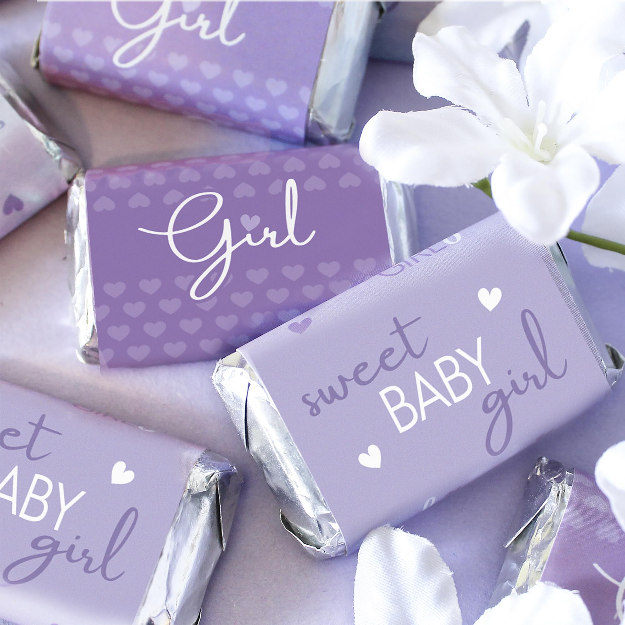 Purple Baby Shower Sticker Candy Bar Wrappers for Chocolate Miniatures, It's a Girl Party Favor Labels, Lavender Baby Shower Decorations - 42 Count