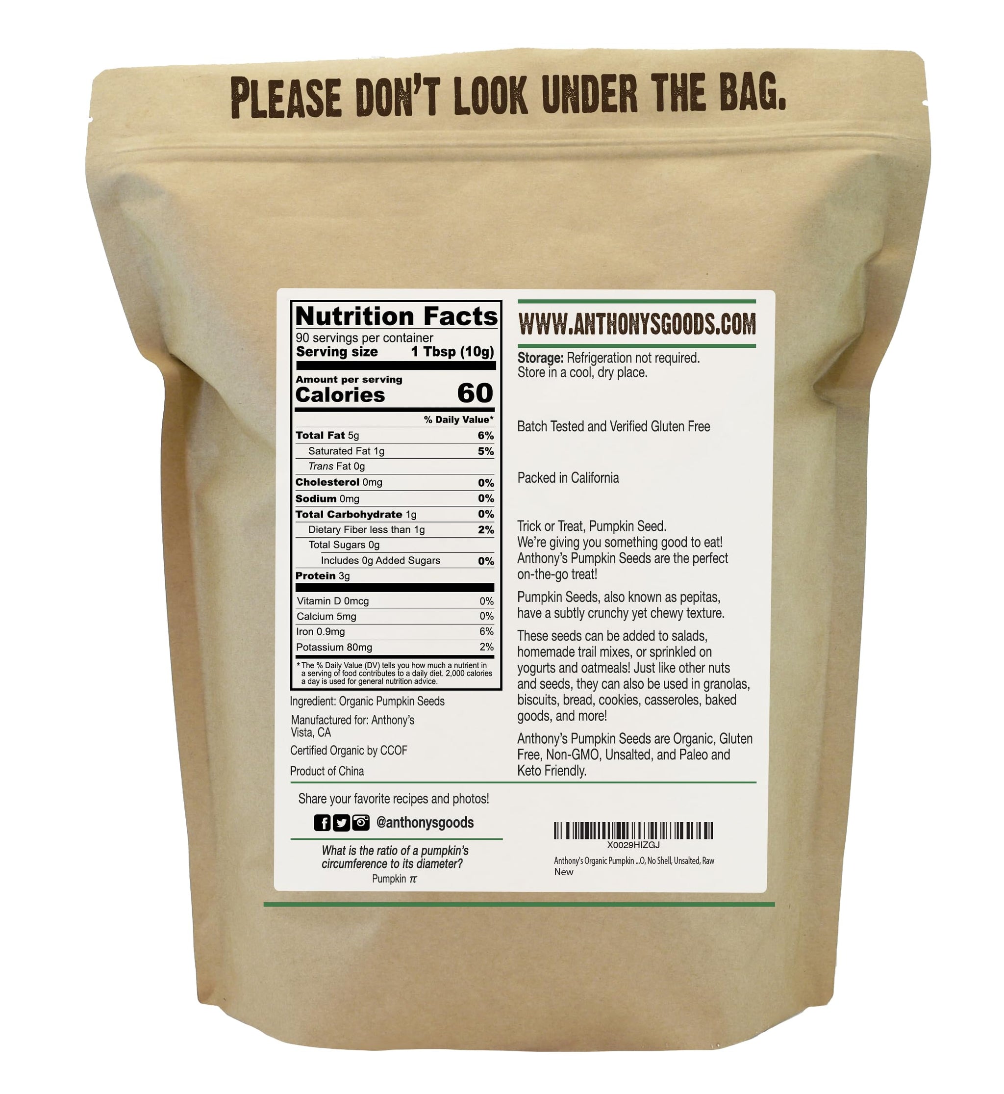 Anthony's Organic Pumpkin Seeds, 2 lb, Gluten Free, Non GMO, No Shell, Unsalted, Raw