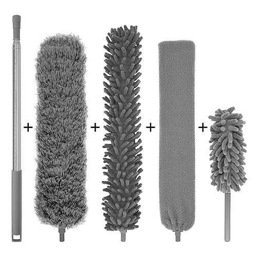 5-in-1 Microfiber Duster with Extension Pole (30-100") Kit for High Ceiling, Fan, Cobweb, Blind & Furniture, Bendable Washable Heads, Reusable Dusters
