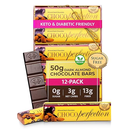 ChocoPerfection Dark Almond Sugar Free Chocolate Bars - Vegan Gift Box European Style Dark Chocolate Almonds, Keto Friendly Gluten Free Snacks