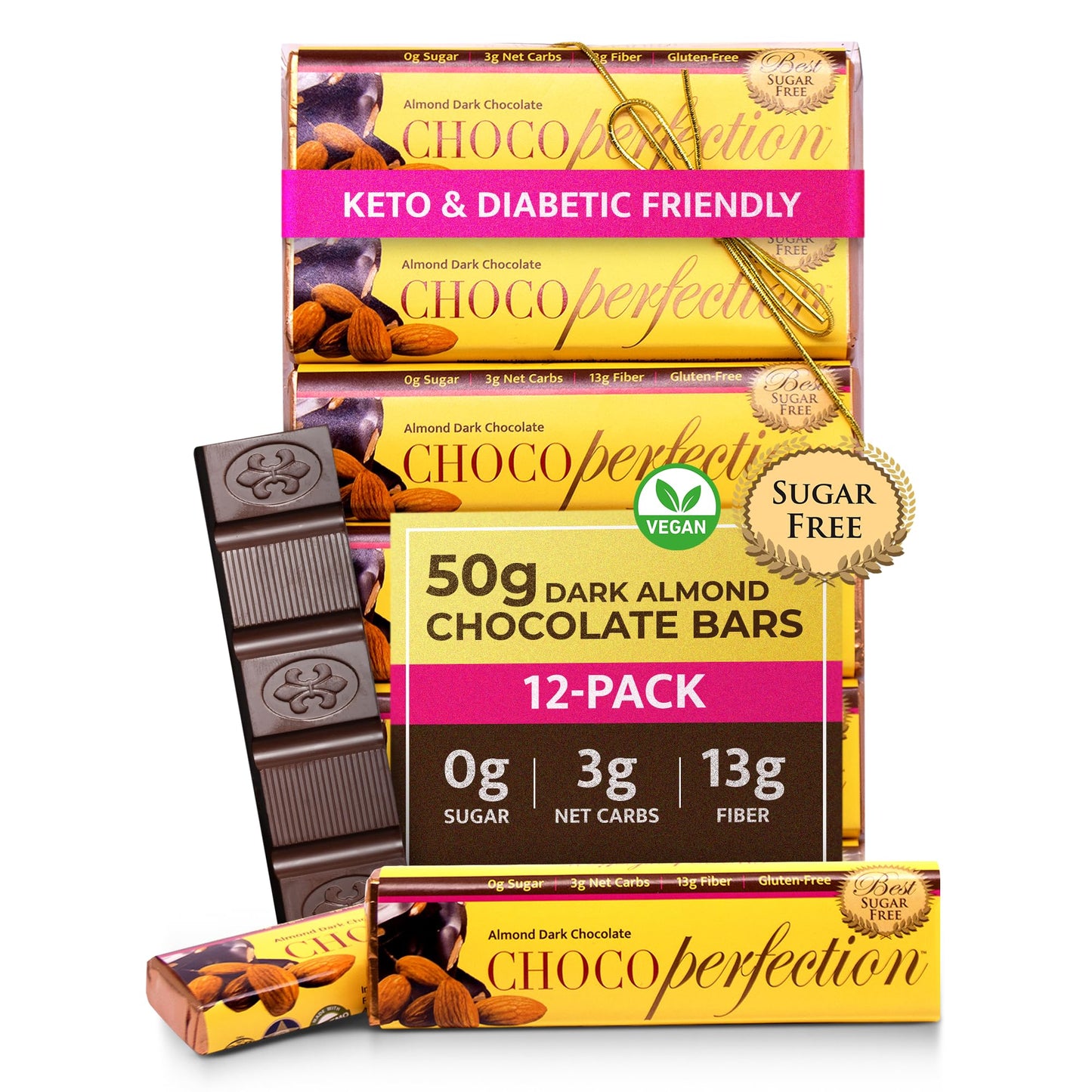 ChocoPerfection Dark Almond Sugar Free Chocolate Bars - Vegan Gift Box European Style Dark Chocolate Almonds, Keto Friendly Gluten Free Snacks
