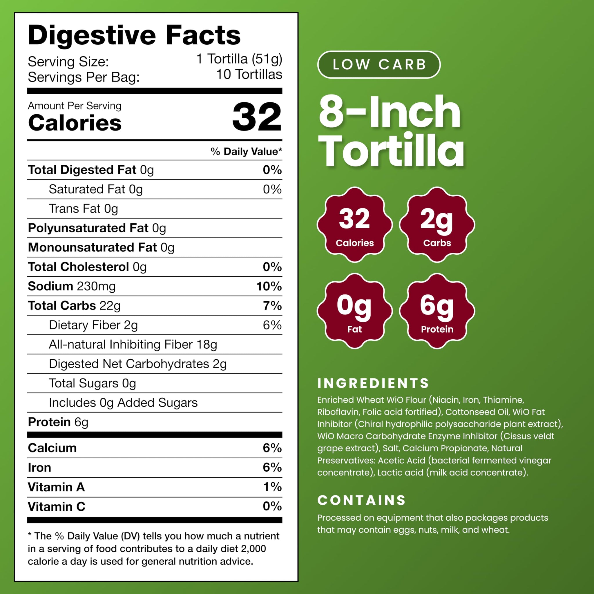WiO SmartFoods™ 8" Low Carb Tortillas, 10-Count Keto-Friendly, Fat-Free, High Protein, Handcrafted, All-Natural, Fresh, and Delicious Healthy Wraps
