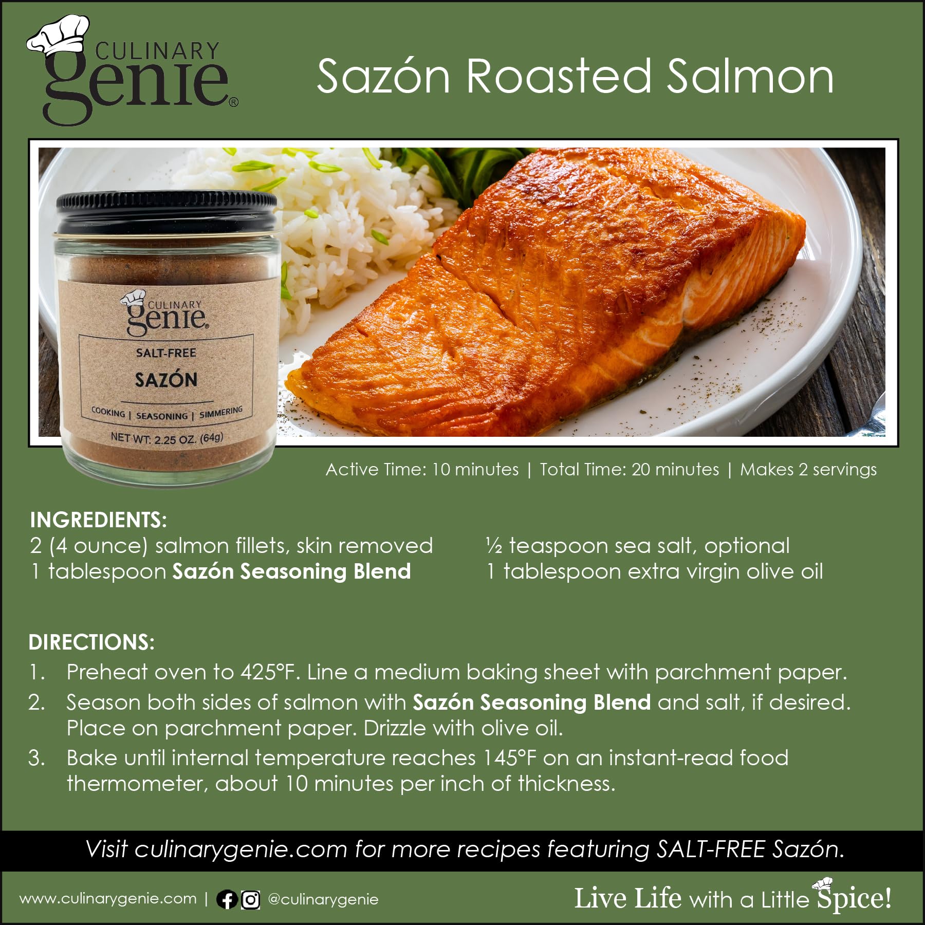 Culinary Genie Salt-Free Sazón Seasoning Blend - Organic Latin Spice Mix with Annatto, Garlic & Cumin, No Salt Added, No MSG