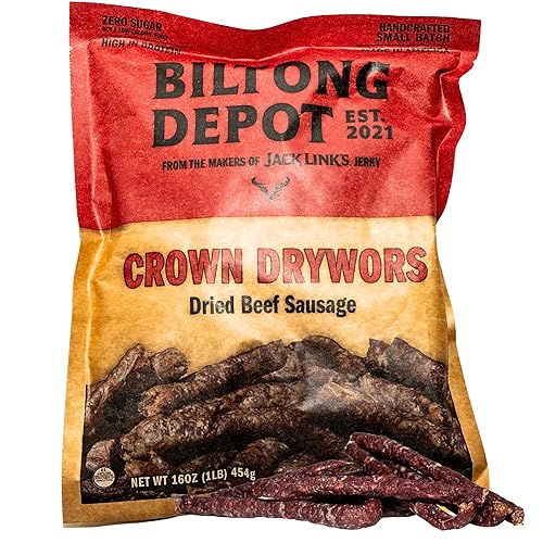 Biltong Depot Crown Drywors - 1lb (16oz) | Air-Dried Beef Snack Sticks | High Protein | Paleo and Keto Friendly | Zero Sugar | Gluten Free | No