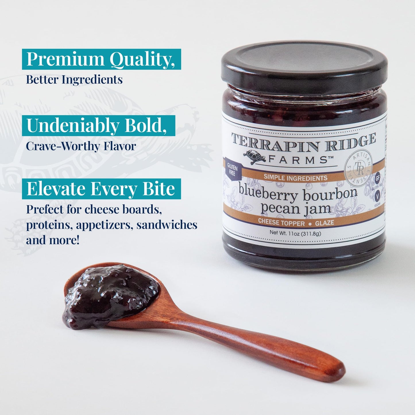 Terrapin Ridge Farms Blueberry Bourbon Pecan Jam - Sweet & Flavorful Jam with Blueberries, Pecans, Raisins, Cinnamon, and Bourbon - Perfect for Toast