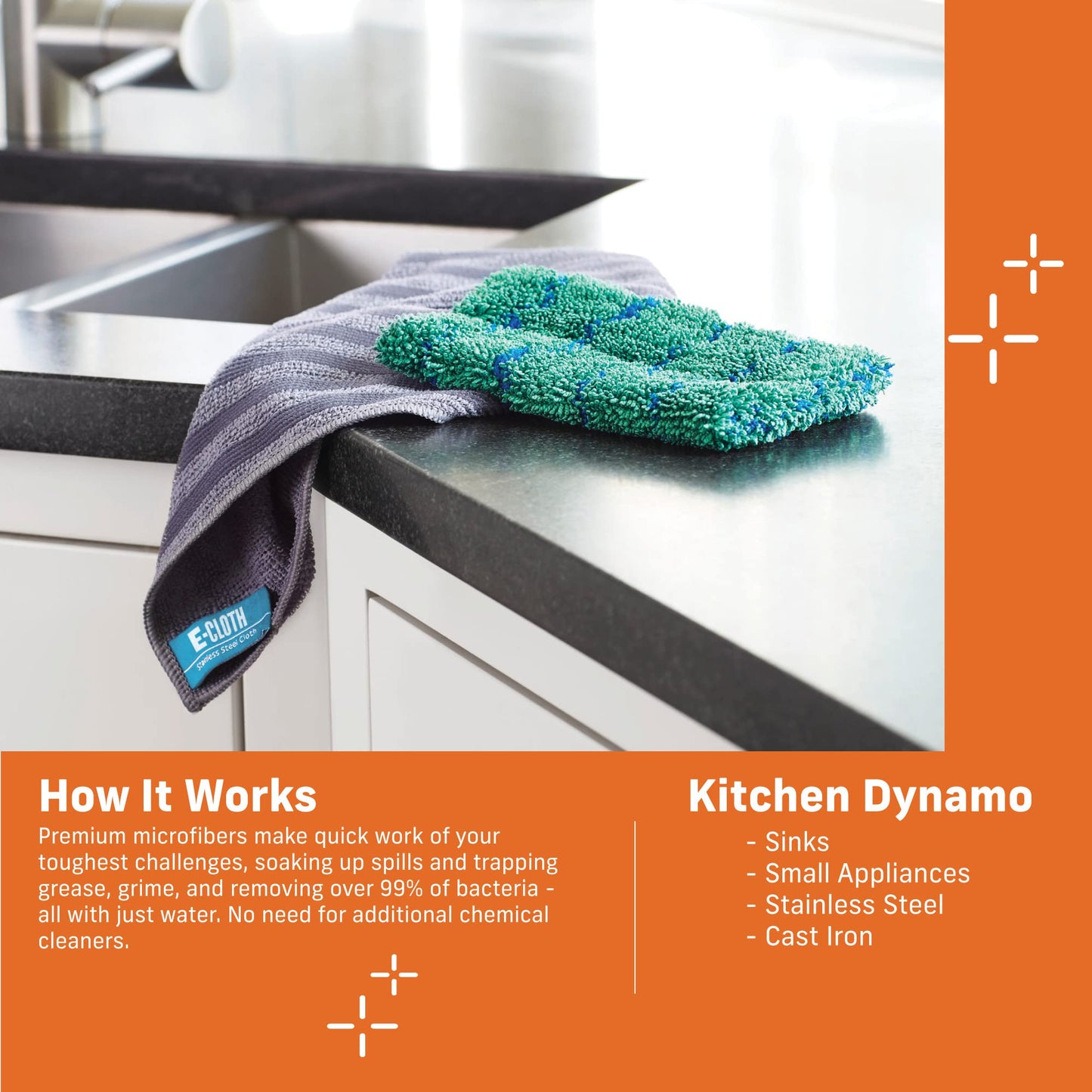 E-Cloth Kitchen Dynamo, Premium Microfiber Non-Scratch Kitchen Dish Scrubber Sponge, Ideal for Dish, Sink and Countertop Cleaning, 100 Wash Guarantee
