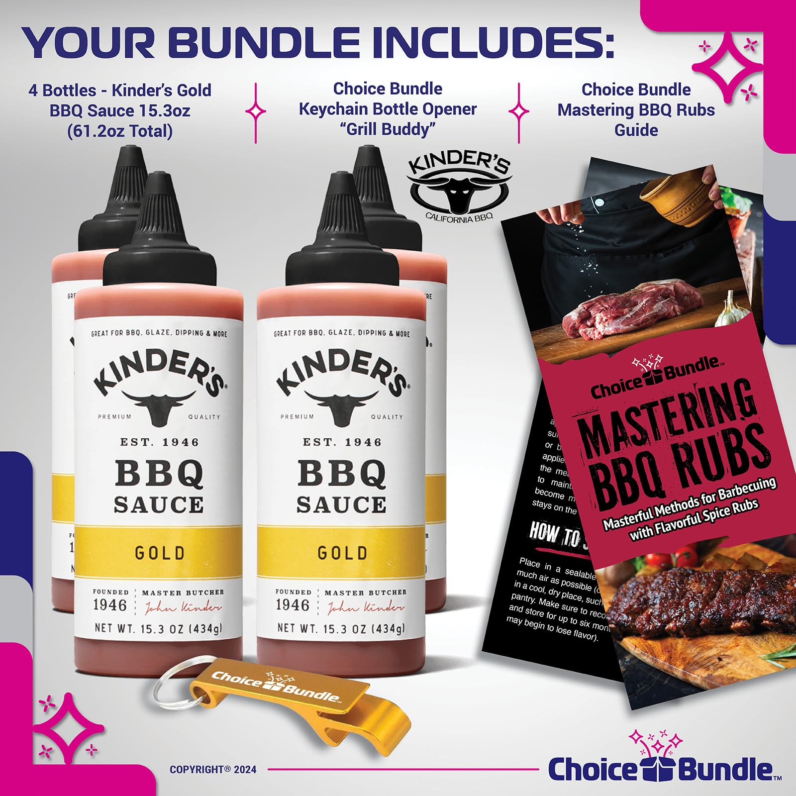 Kinder’s Gold BBQ Premium Barbecue Sauce 4 Pk (61.2 oz) Great to Dip Toss Glaze & More + Barbecue Masters & Bottle Opener (6 Items)!