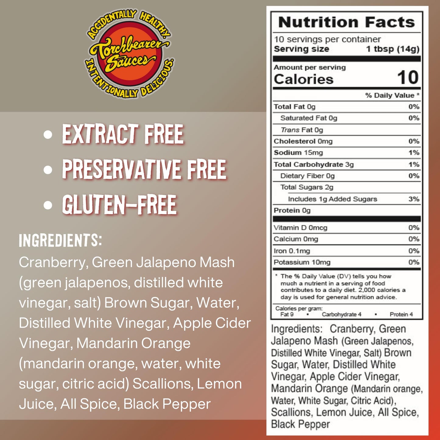 Torchbearer Sauces Cranberry Jalapeno Hot Sauce, 5oz Medium Heat Level 2 - All Natural Hot Sauce, Extract-Free, Preservative-Free, Made in USA