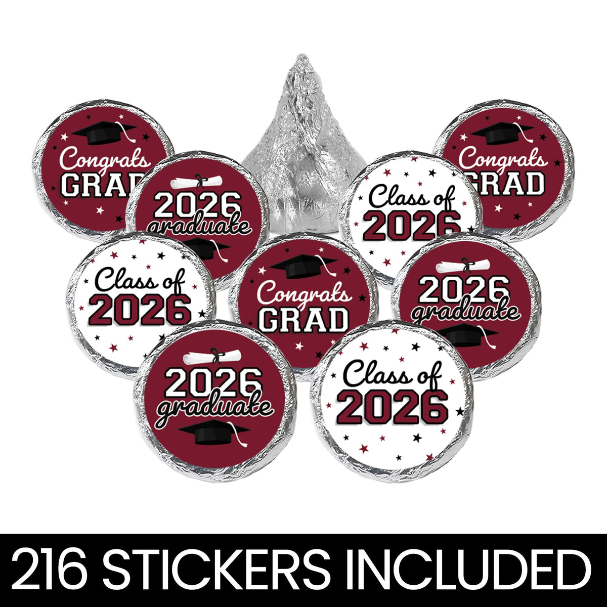 DISTINCTIVS Class of 2026 Graduation Candy Stickers for Chocolate Drops, Maroon Grad Party Favors - 216 Count