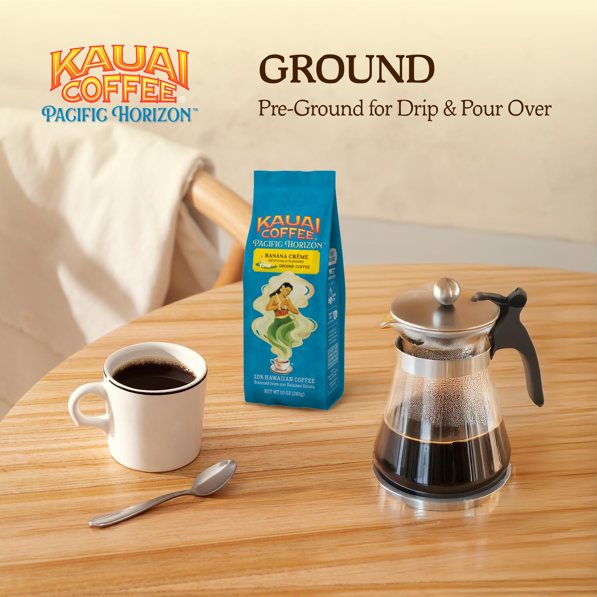 Kauai Coffee Ground Coffee - Smooth, Rich - Banana Flavor with Creamy Vanilla - Arabica Coffee, 10% Hawaiian with No Bitterness - Banana Crème, 1 Pack