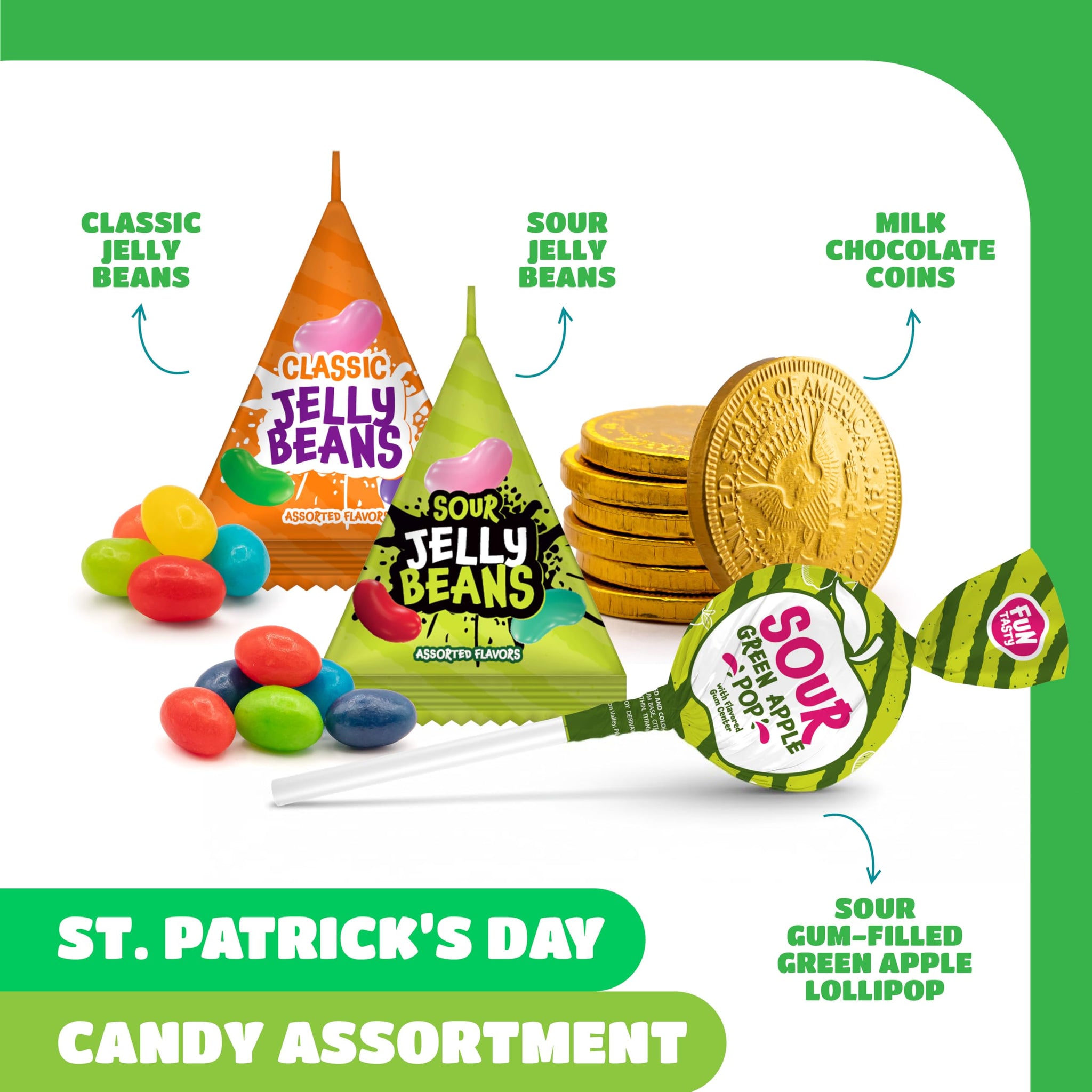 St. Patrick's Day Candy Assortment - 3 Pound Bulk Pack - Sour Lollipops, Milk Chocolate Coins & Mini Pouches of Jelly Beans for Gifting, Sharing