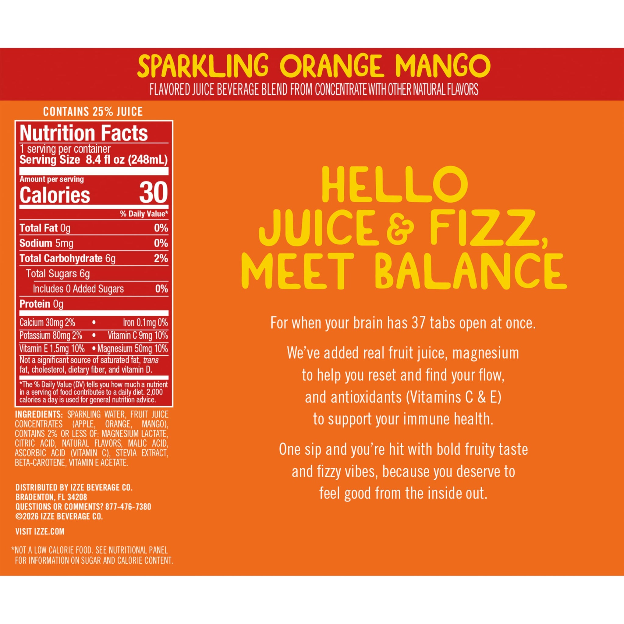 IZZE Thrive Sparkling Juice Variety Pack, Orange Mango + Black Cherry Apple, No Sugar Added, 8.4 FL OZ, 24 Cans