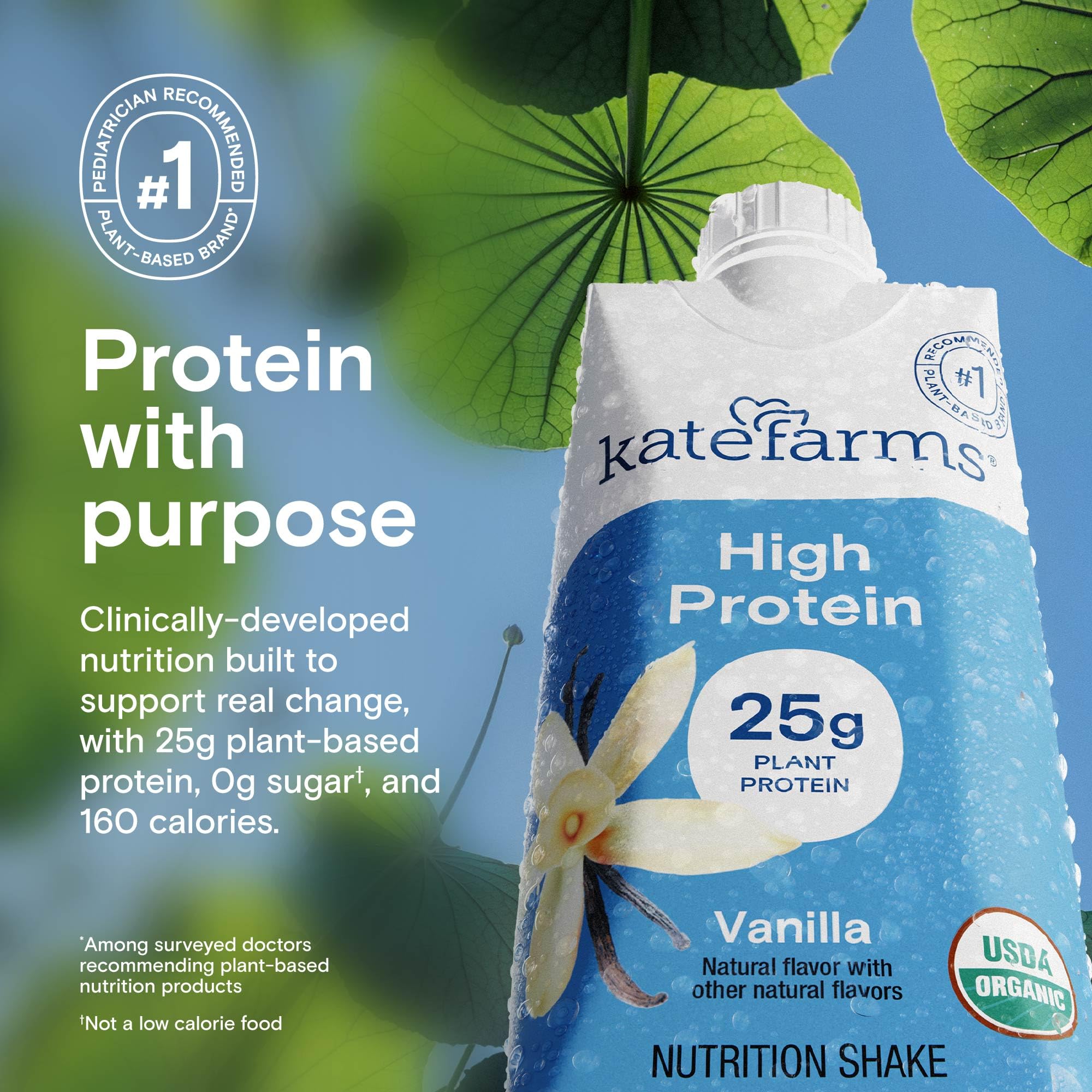 KATE FARMS Organic High Protein Vanilla Nutrition Shake, 25g Protein, 6g Fiber, 27 Vitamins and Minerals, 0g Sugar, Protein Drink, 11 oz (12 Pack)