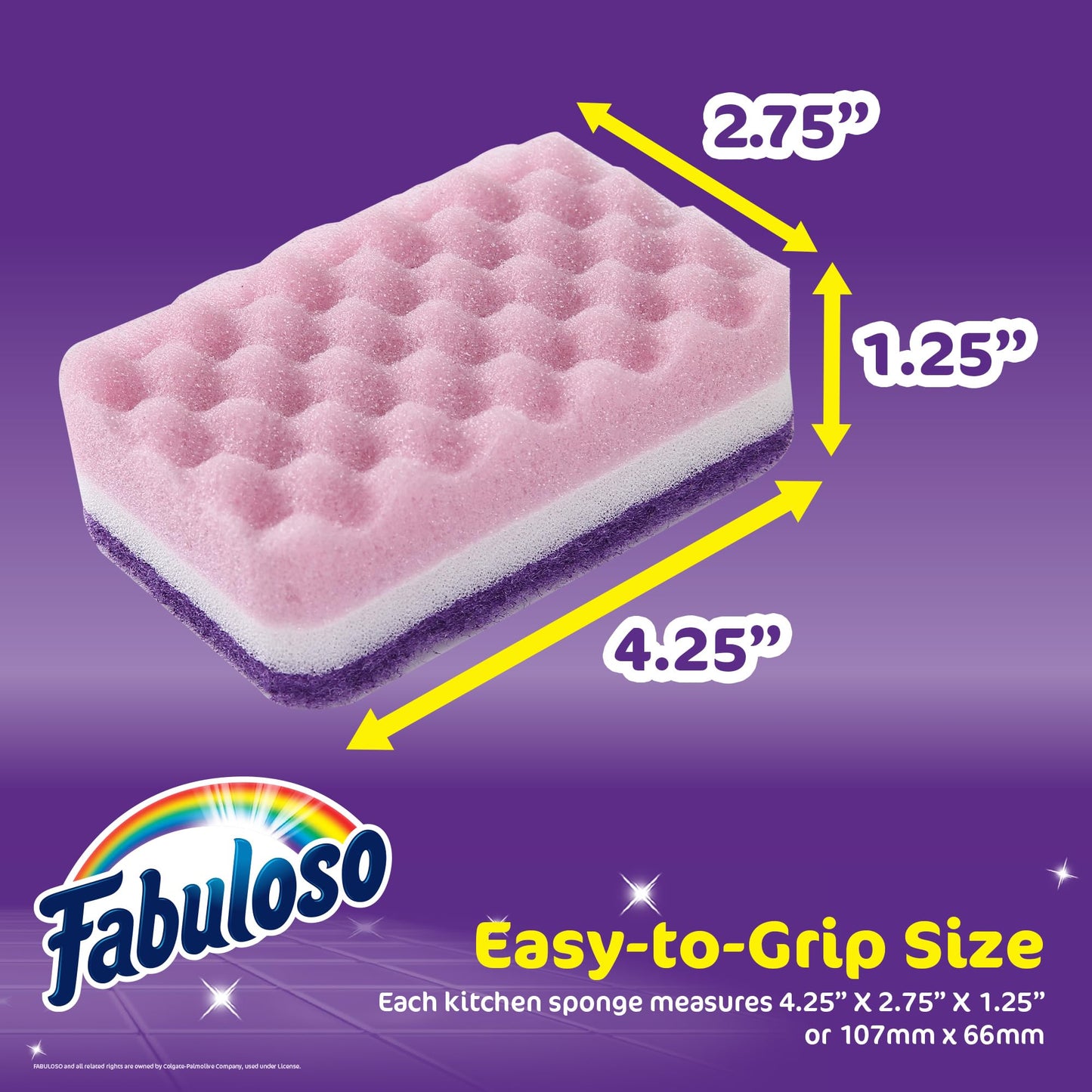 Fabuloso Scratch-Free Kitchen Dish Sponges, Purple Cellulose Scrubber Sponge with Scouring Pad for Dishes, Pots, Pans, Counters and Sinks, Tough on