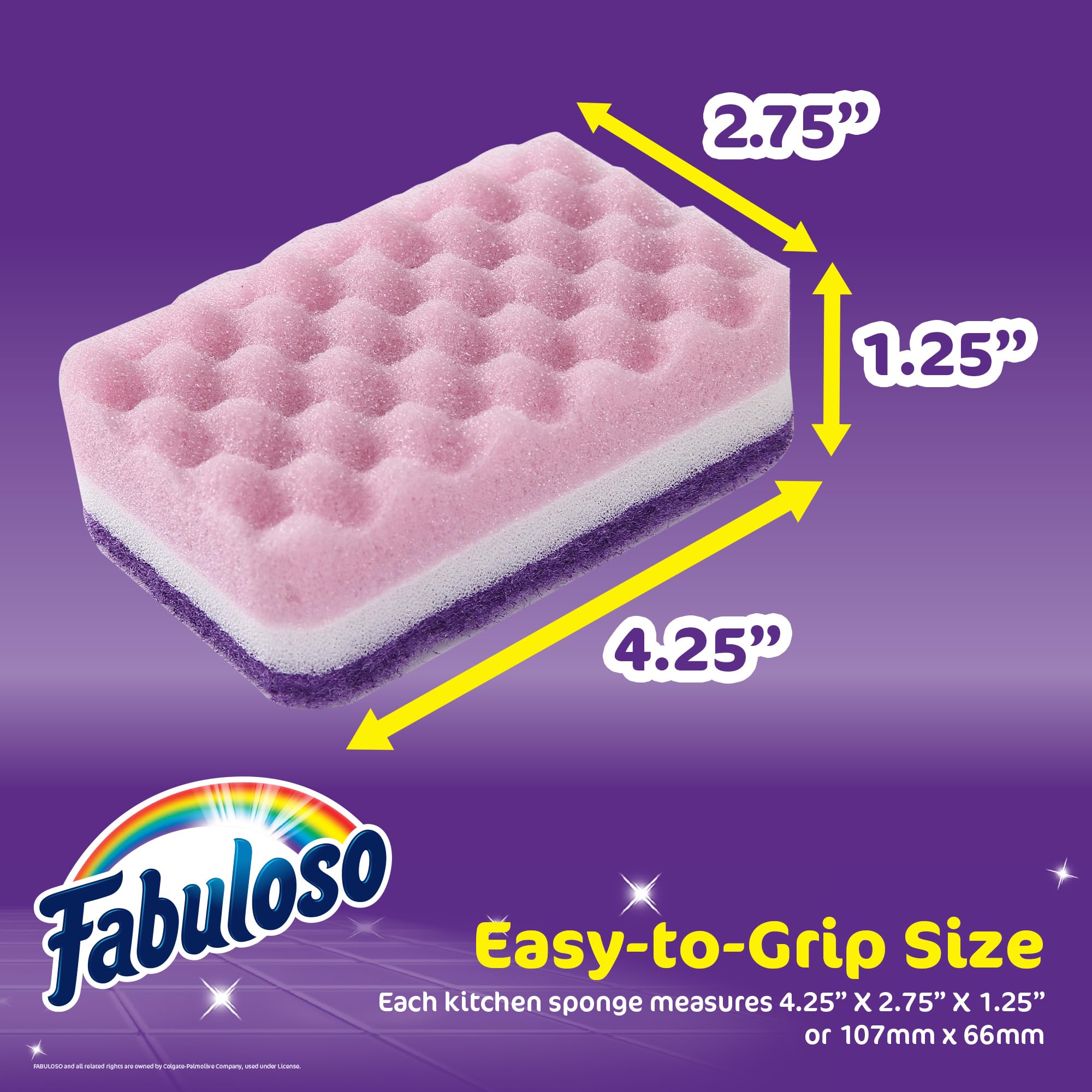 Fabuloso Scratch-Free Kitchen Dish Sponges, Purple Cellulose Scrubber Sponge with Scouring Pad for Dishes, Pots, Pans, Counters and Sinks, Tough on