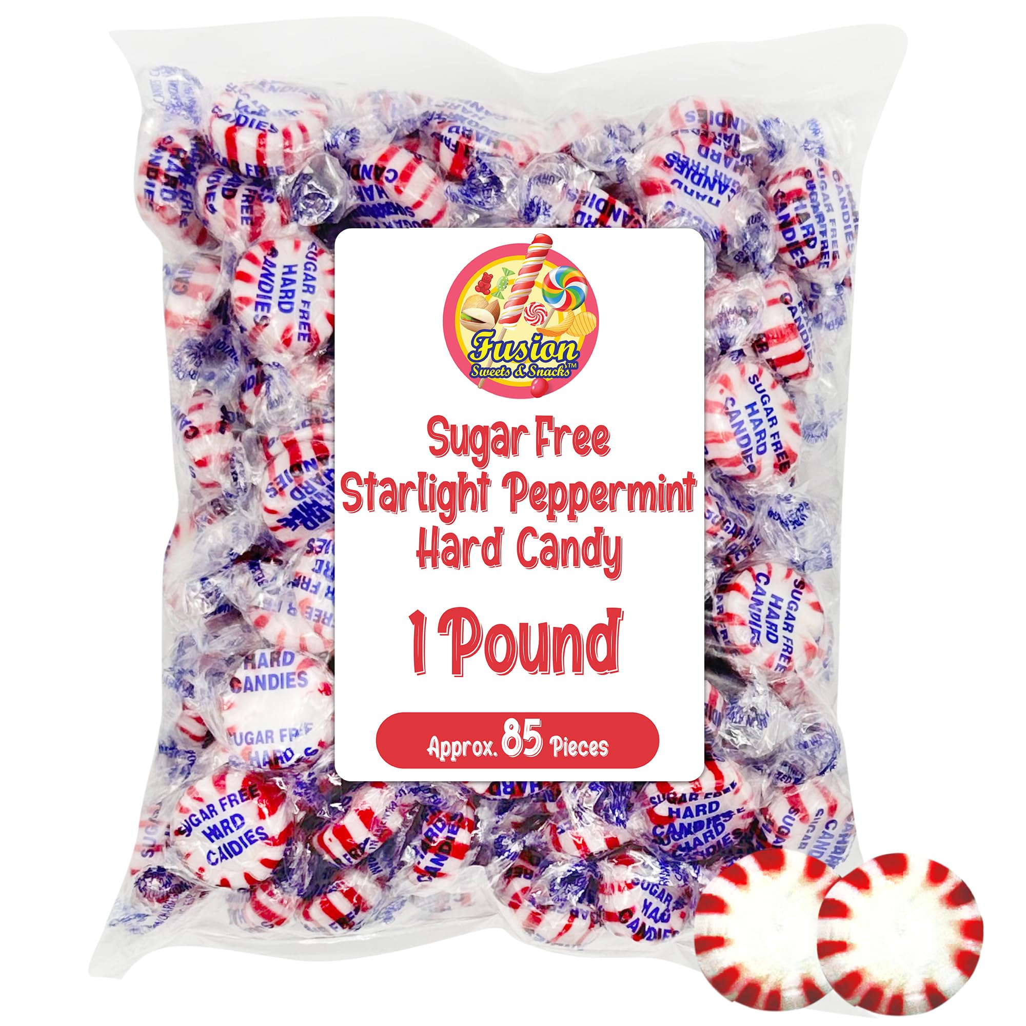 Sugar Free Peppermint Starlight Candy - 1 Pound Bulk Bag (Approx 90 Count) - Individually Wrapped - Valentines Day Peppermint Mints- Keto & Diabetic