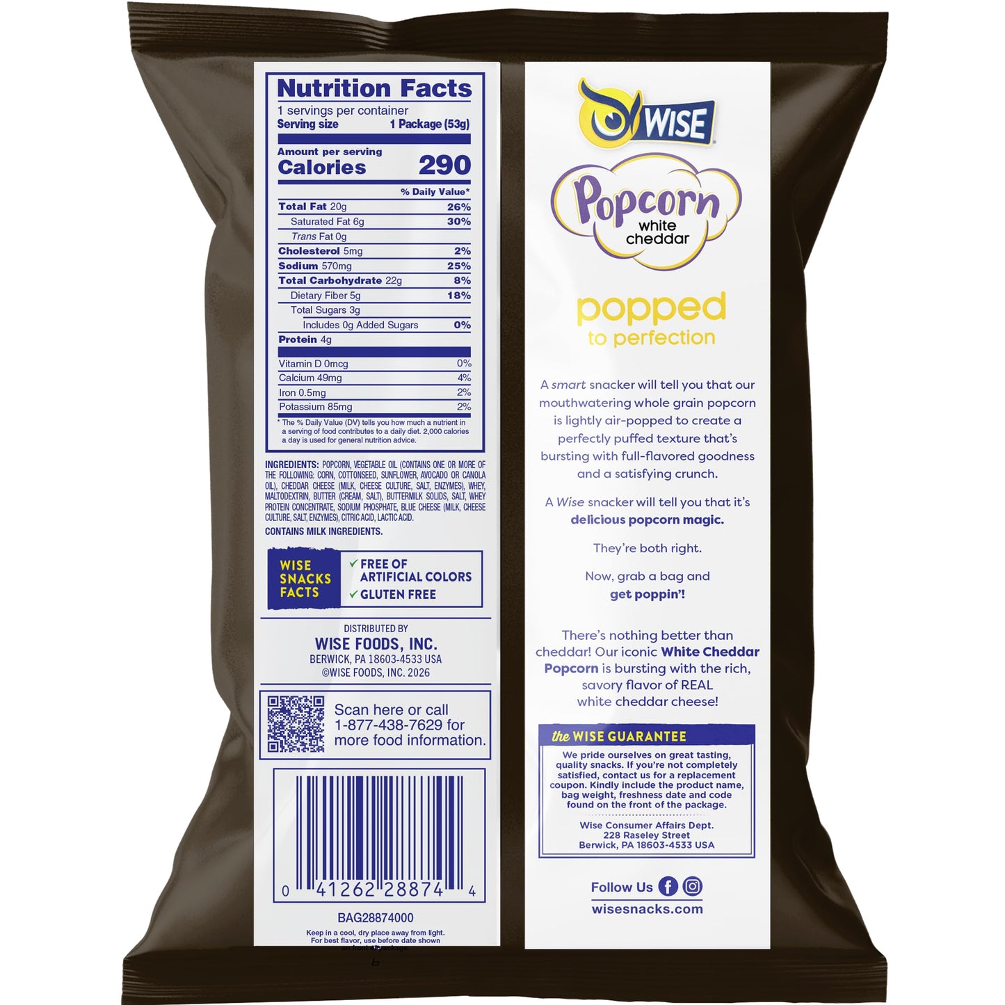Wise Snacks White Cheddar Popcorn, 0.625 Ounce, Air Popped Individual Snack Size Bags Healthy Popcorn Snacks, School and Halloween Snacks for Kids