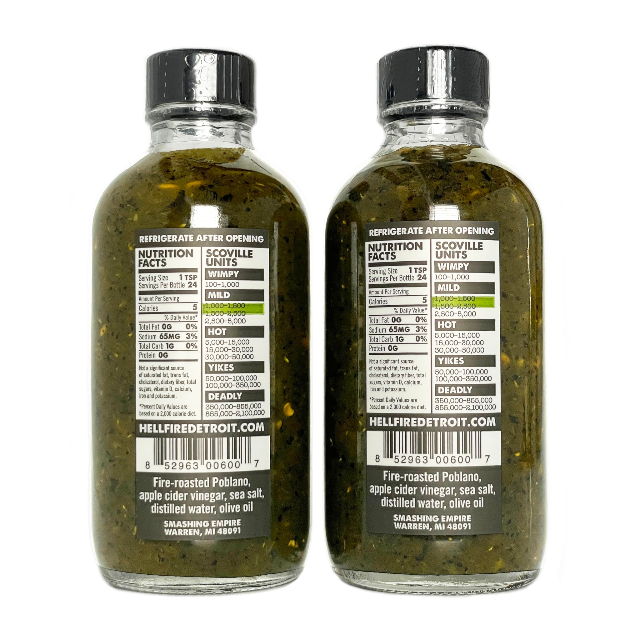 Hell Fire Detroit Poblano Hot Sauce (Mild), Crafted with Fresh, Fire-Roasted Poblano Chile Peppers, All-Natural, Vegan, Gluten-Free, Low Sodium - 4 Fl