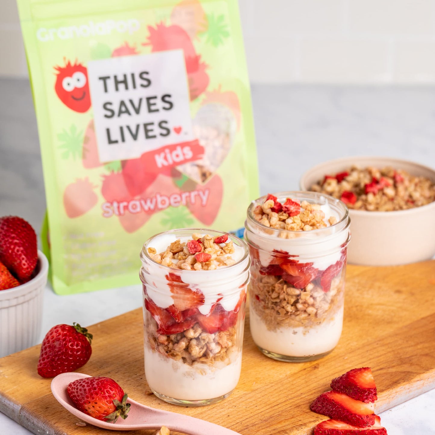 This Saves Lives Kids' GranolaPop, Strawberry Granola, Healthy Safe-For-School Kids' Breakfast and Snack, Vegan, Gluten Free, Nut Free, Dairy Free