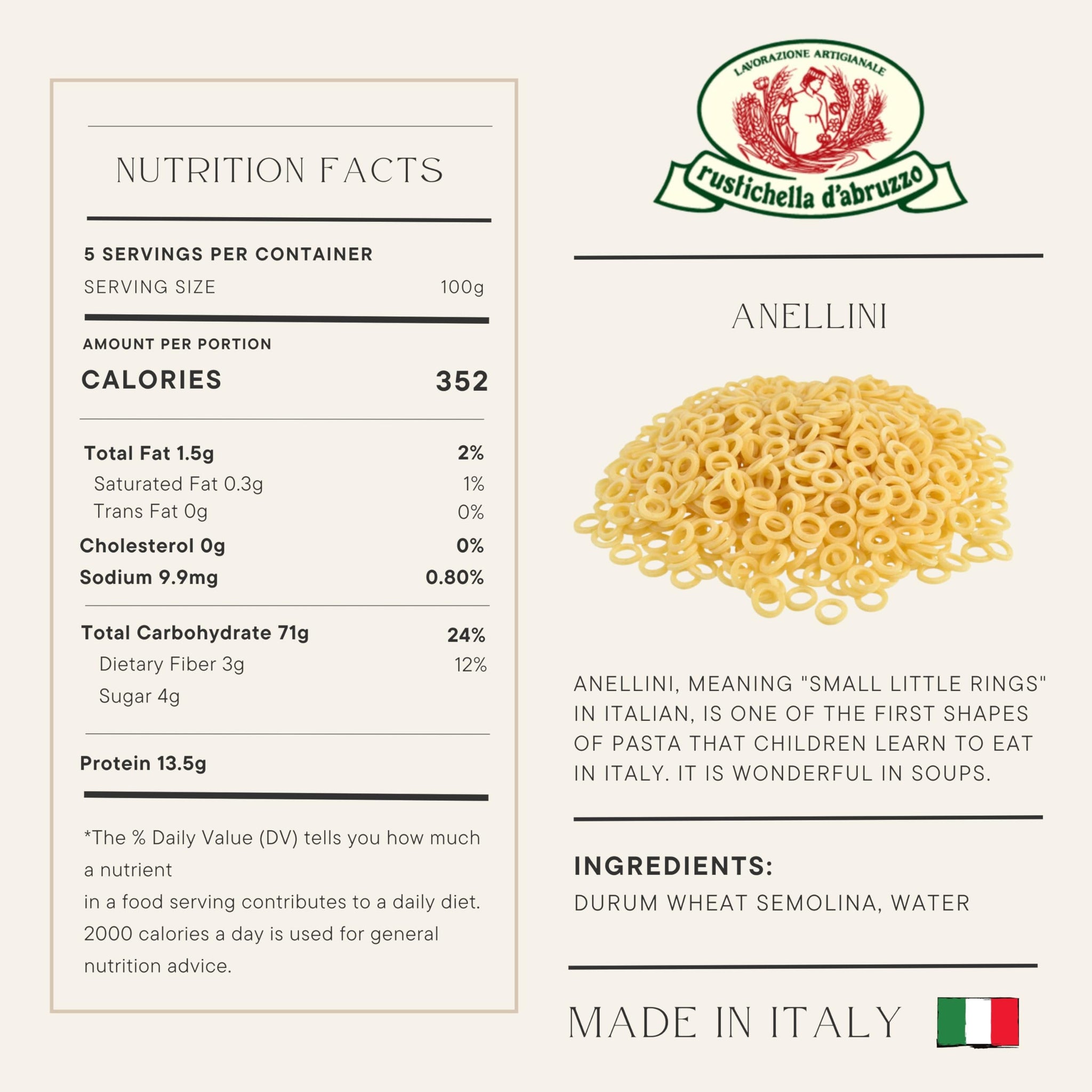 Rustichella d'Abruzzo Anellini - Classic Italian Small Pasta - Perfect for Soups - Artisan Crafted in Abruzzo
