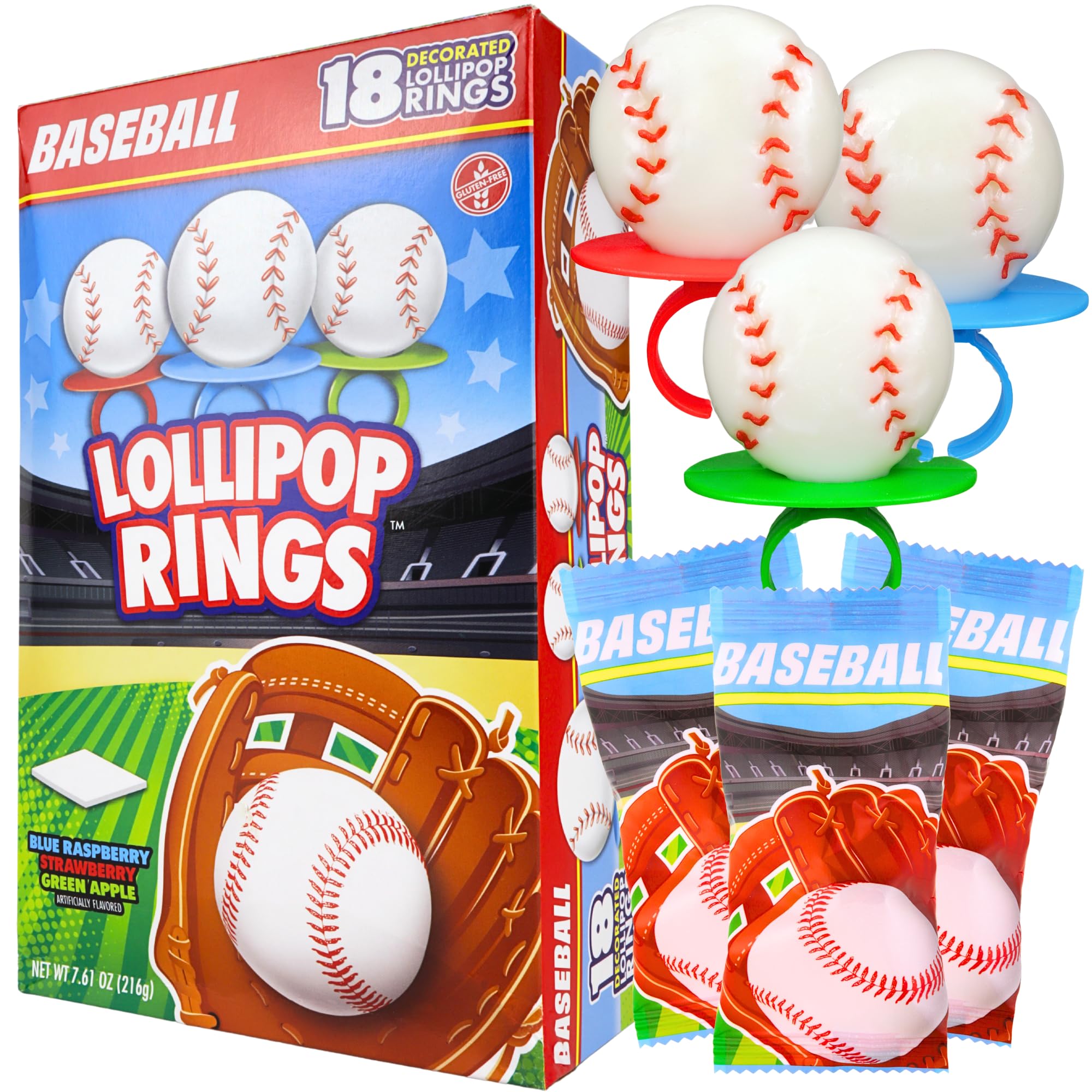 Baseball Lollipop Rings, Individually Wrapped Candy for Birthday Party Favors, Goodie Bags, and End of Season Parties, Box of 18