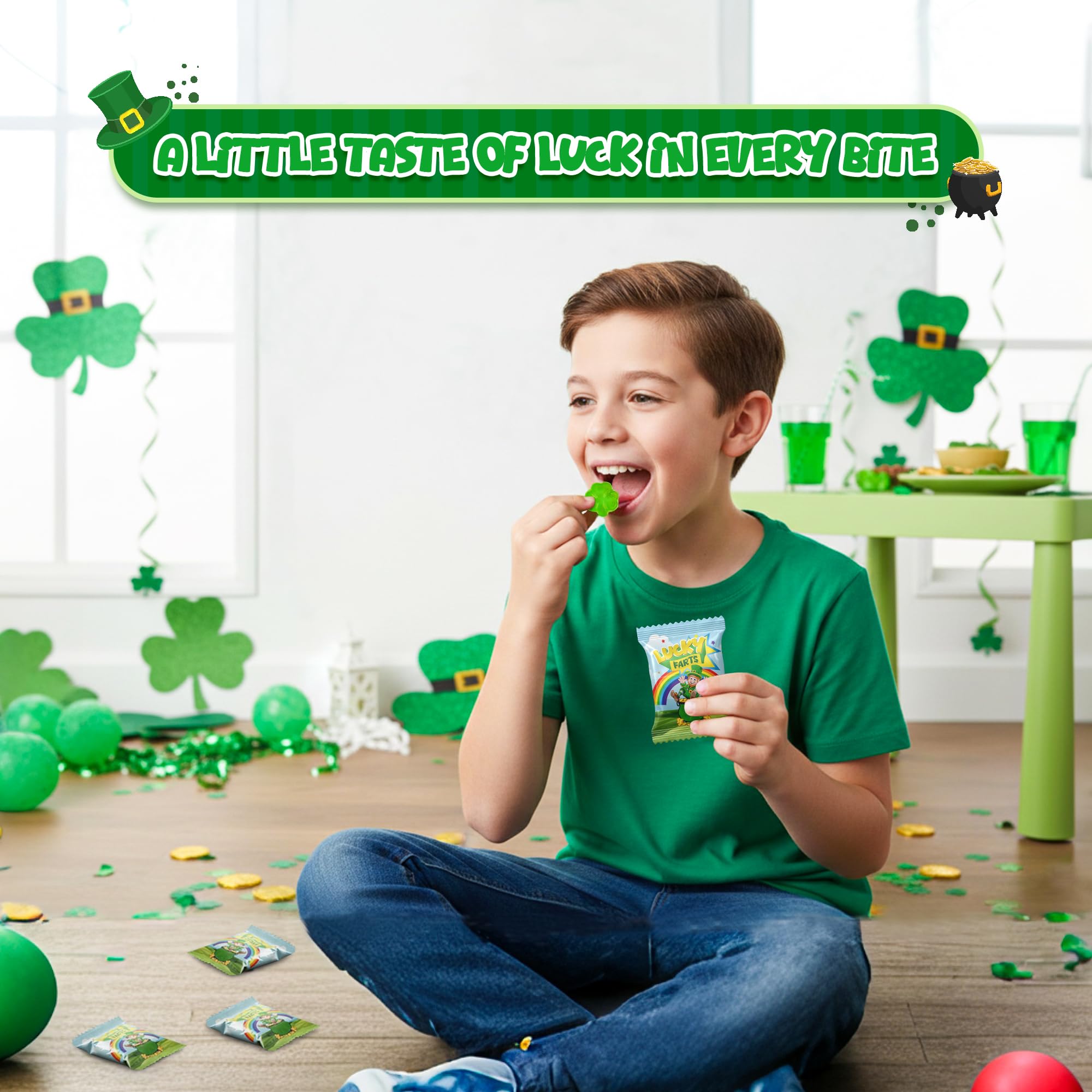 4E's Novelty 30 Packs St. Patricks Day Lucky Farts Shamrock Gummies - 30 Individually Wrapped Bags (5 Pieces Each) Green Gummy Funny St Patricks Day