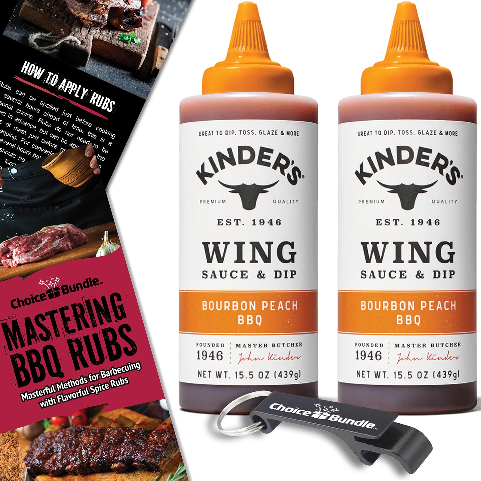 Kinder’s Bourbon Peach BBQ Wing Sauce & Dip 2 Pk (31 oz) Great to Dip Toss Glaze & More + Barbecue Masters & Bottle Opener (4 Items)!