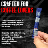Blackout Coffee Colombian Arabica Instant Coffee - Medium Roast, Strong Aromatic, Single Serve Packets - Premium Quality 32 Count.