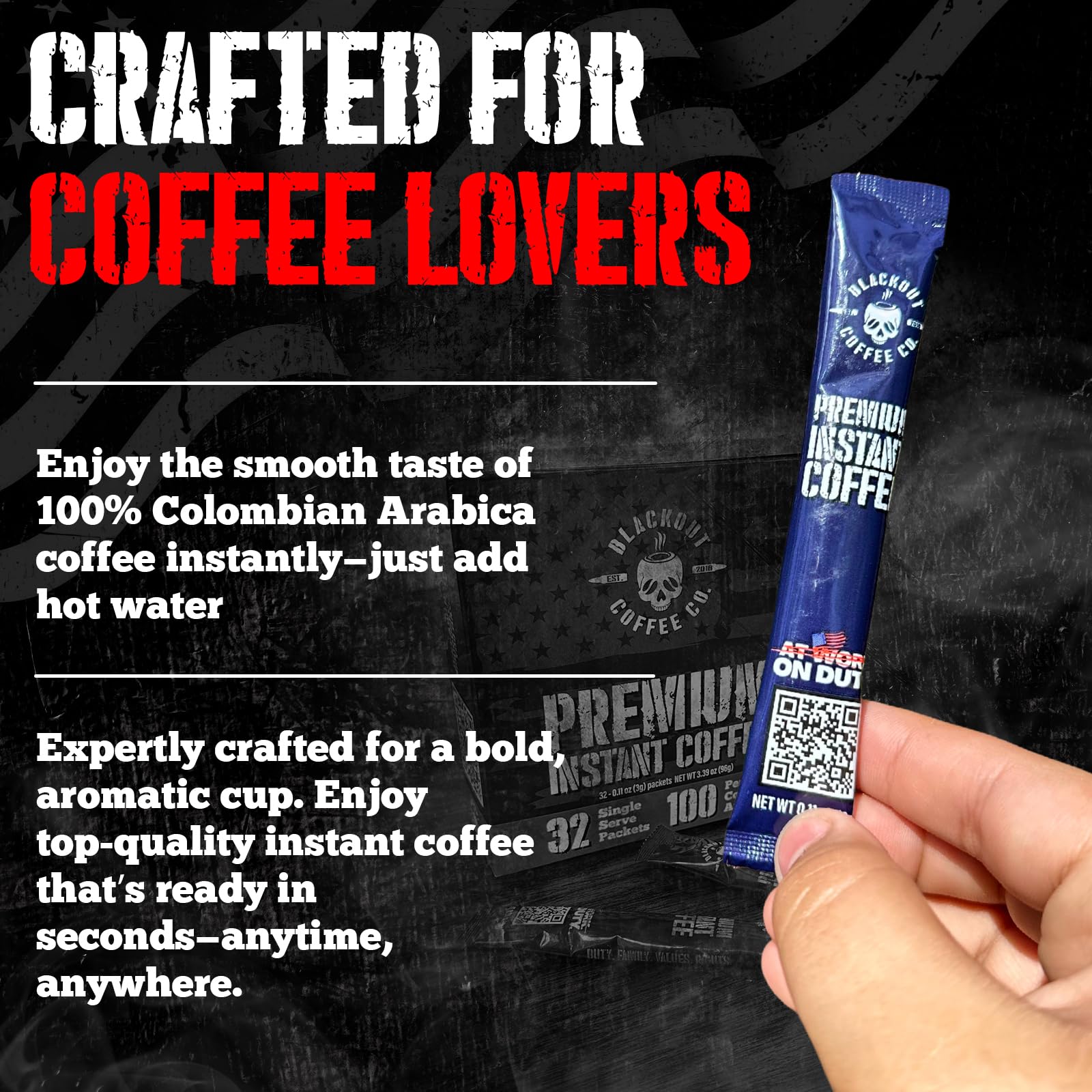 Blackout Coffee Colombian Arabica Instant Coffee - Medium Roast, Strong Aromatic, Single Serve Packets - Premium Quality 32 Count.