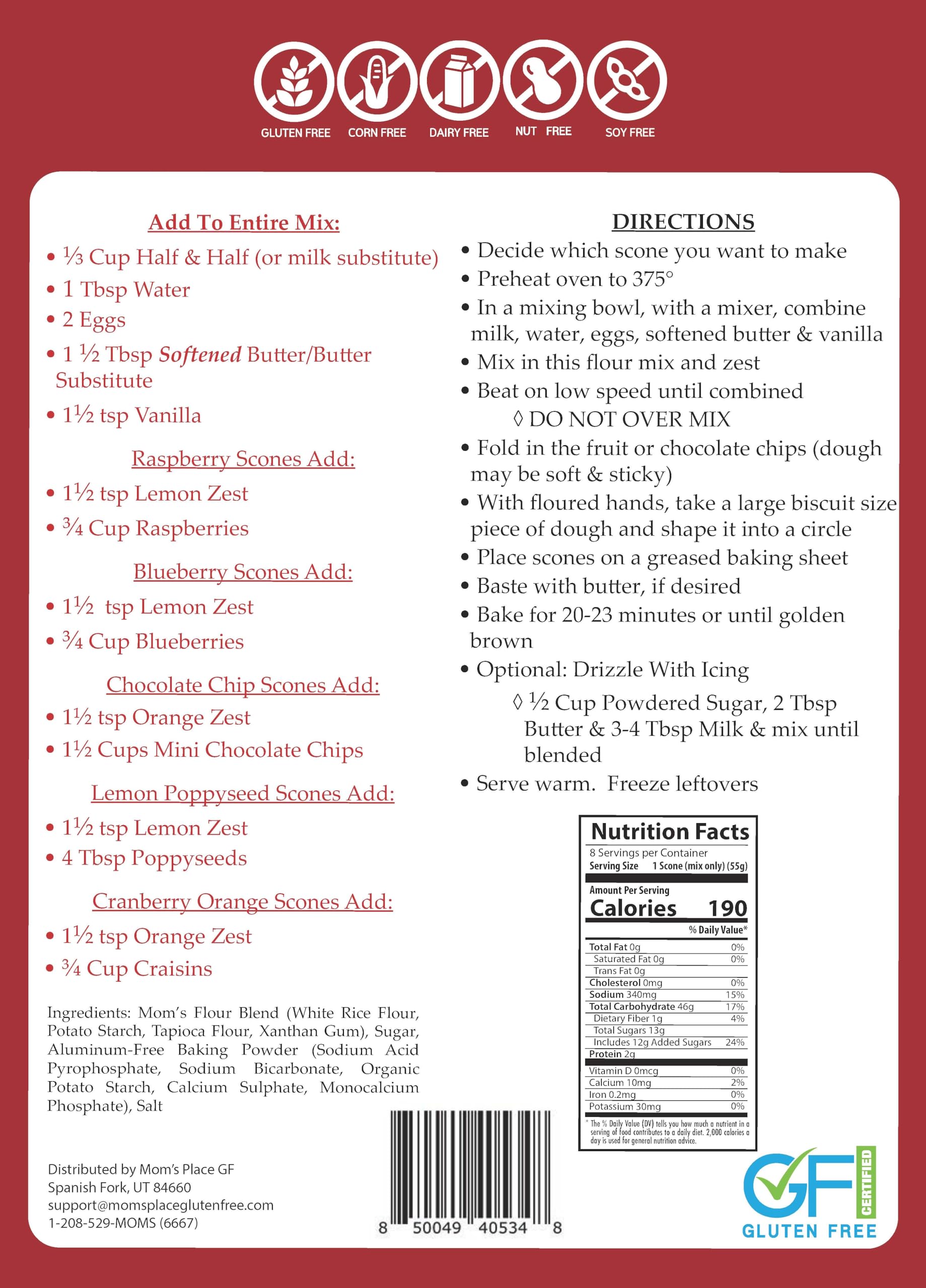 Mom's Place Gluten-Free Scrumptious Sweet Scone Mix with 5 Recipes, Quick & Easy, Nut-Free, Dairy-Free & Soy-Free, 8 Servings, 15.3 oz