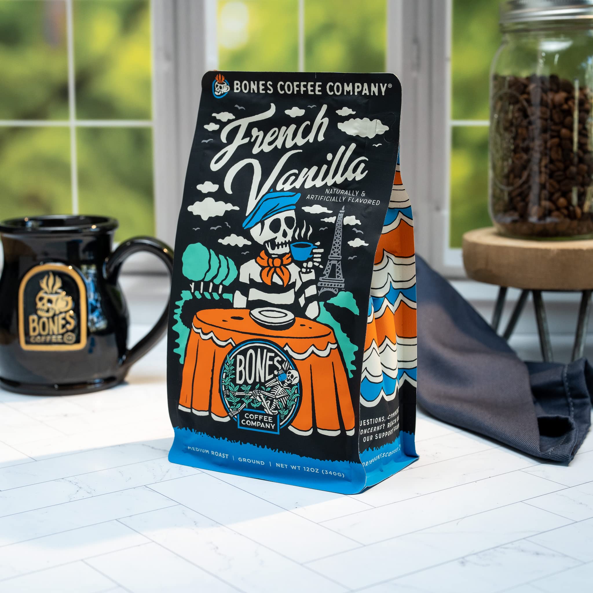 Bones Coffee Company French Vanilla, Creamy Vanilla Flavored Coffee, Medium Roast Low Acid Arabica Beans Compatible with Auto drip and French Press
