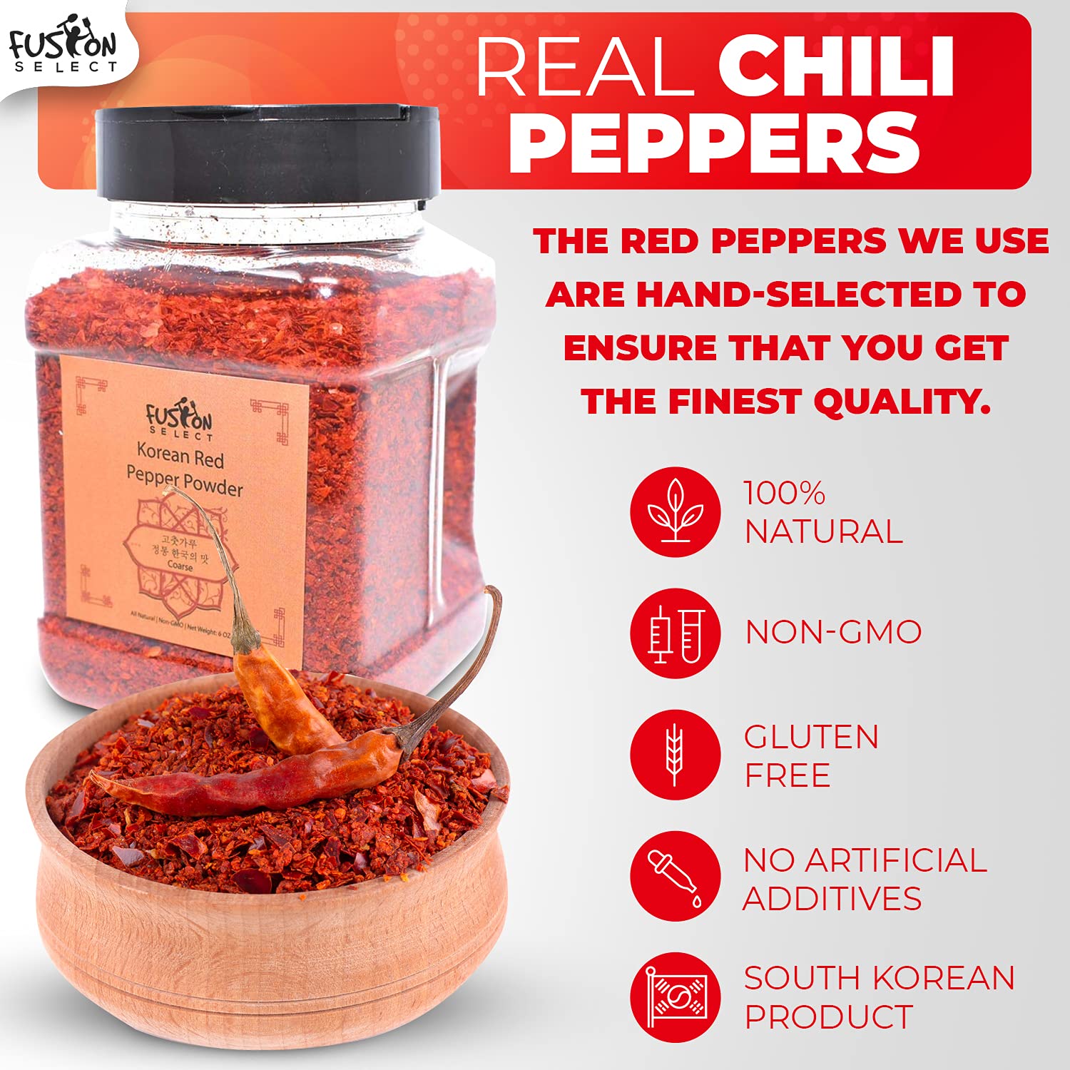 Fusion Select Korean Premium Non-GMO Gluten Free Red Chili Pepper Flakes Powder, Crushed Red Pepper Premium Gochugaru For Kimchi Seasoning, Chicken