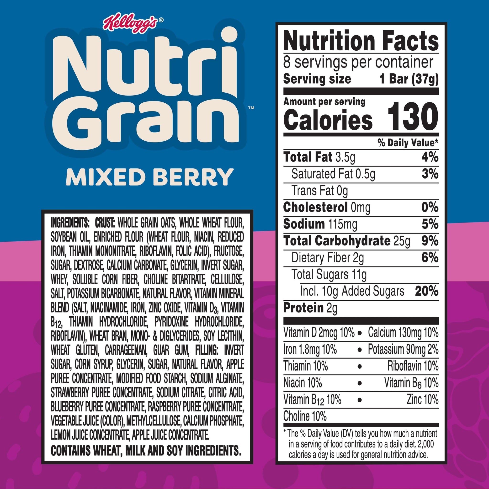 Nutri-Grain Breakfast Bars, Made with 10g Whole Grains, Snack Bars, Mixed Berry, 10.4oz Box (8 Count)