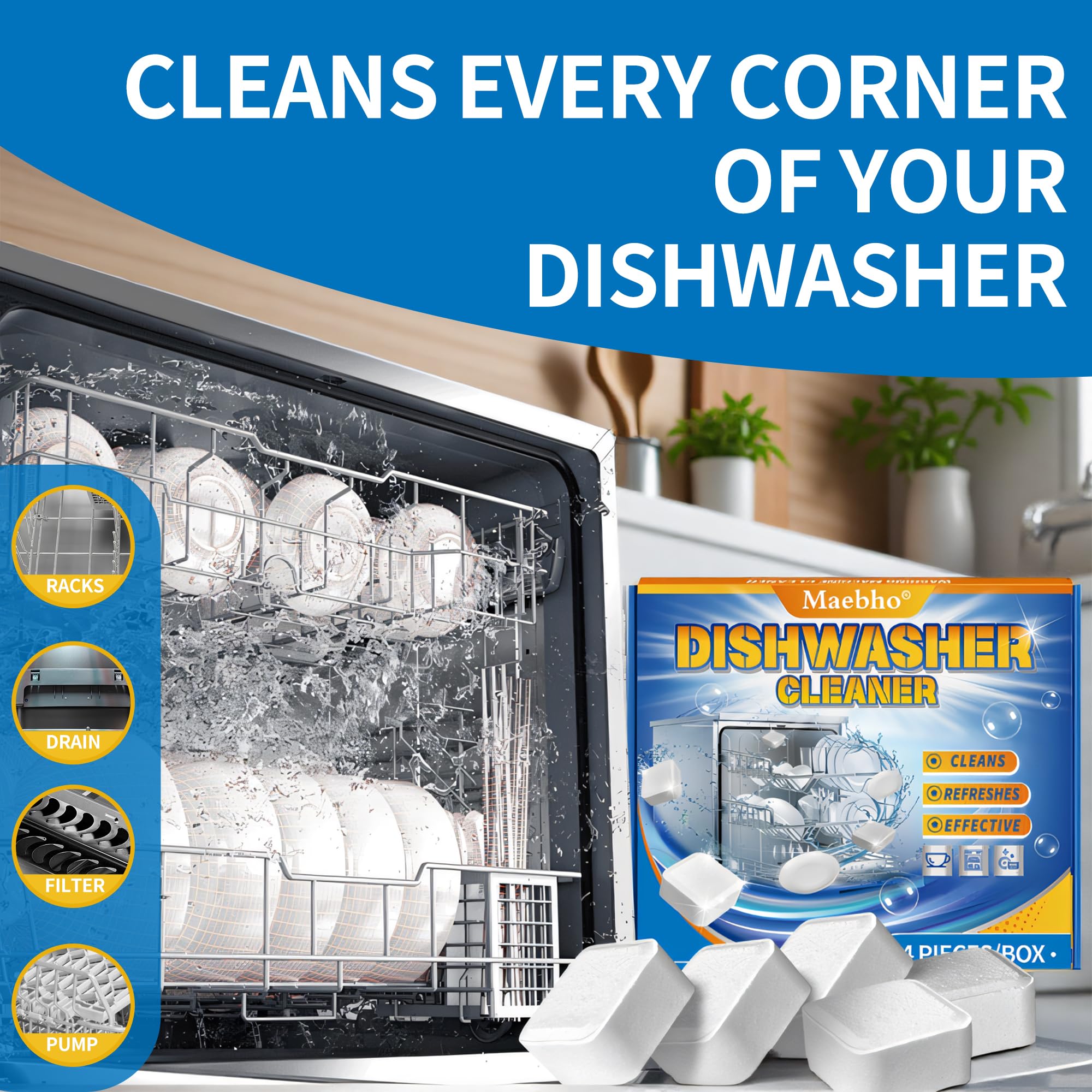 Dishwasher Cleaner and Deodorizer Tablets - 24 Pack, Natural Heavy Duty Deep Cleaning Descaler pods, Compatible with All Dish washer Models, Removes
